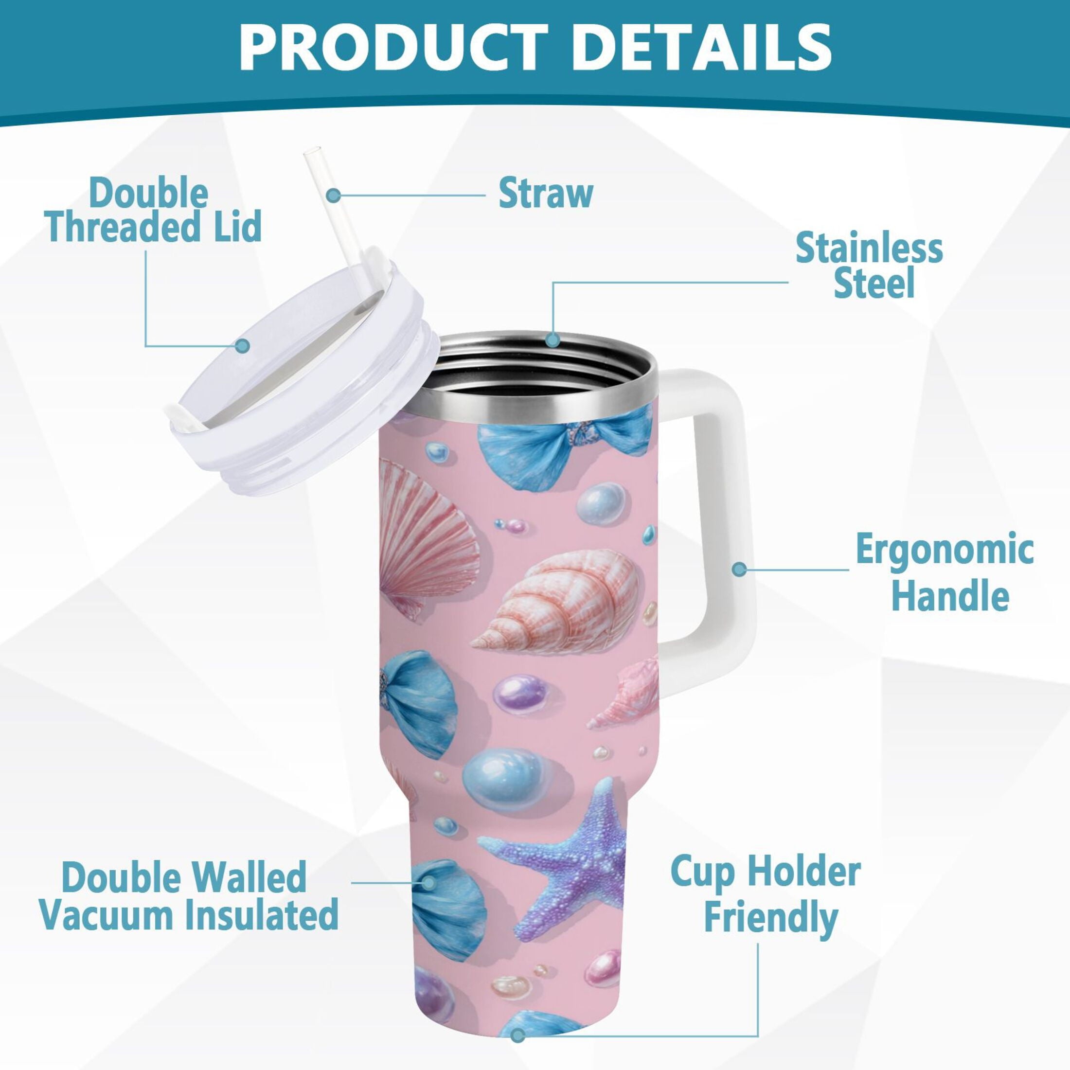30 oz Insulated Stainless Steel Tumbler Double Wall Stainless Steel Tumbler with 2-Way Drinking Seashells and Bows C519Q