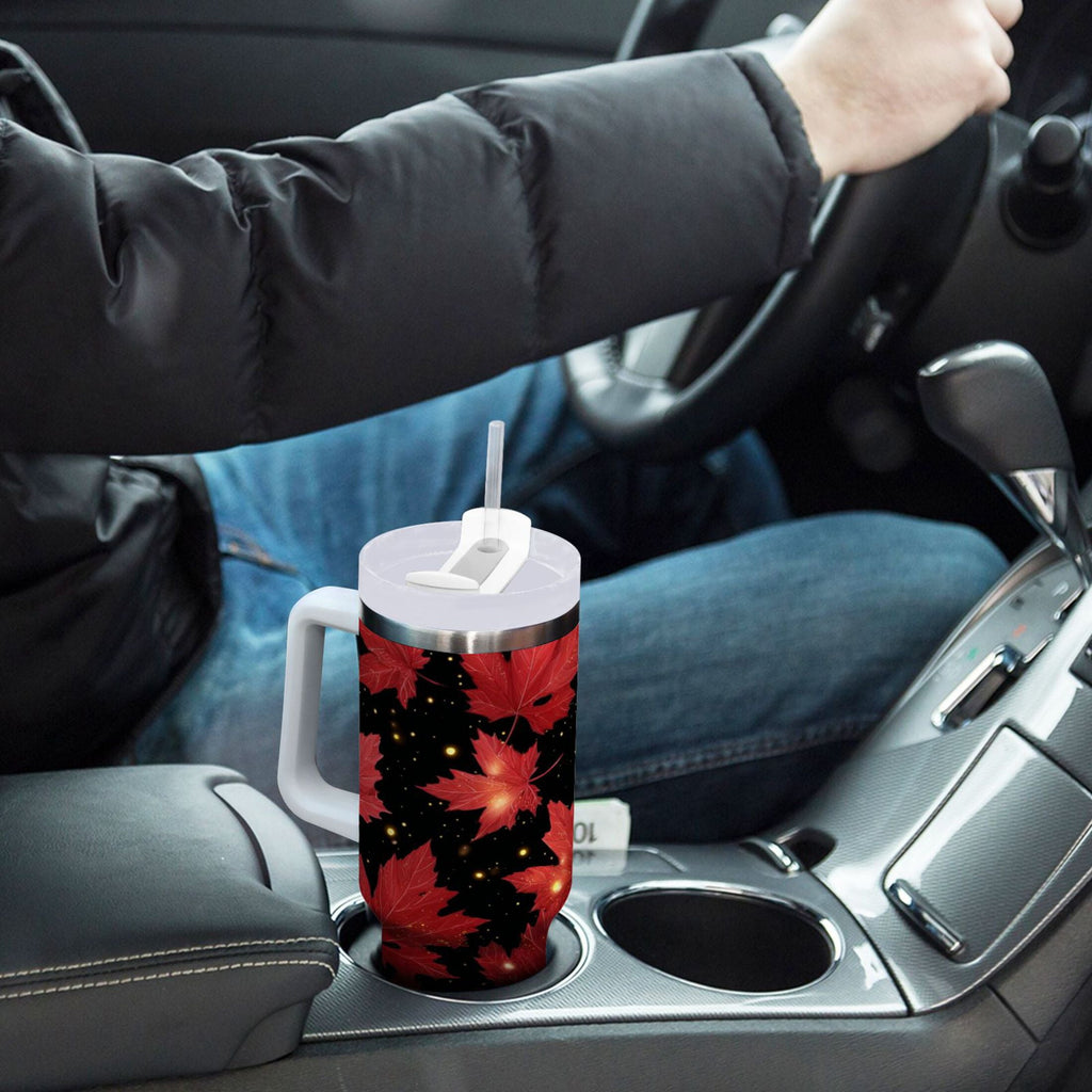 40 oz Insulated Stainless Steel Tumbler Double Wall Stainless Steel Tumbler with 2-Way Drinking Maple Leaves and Fireflies C516U