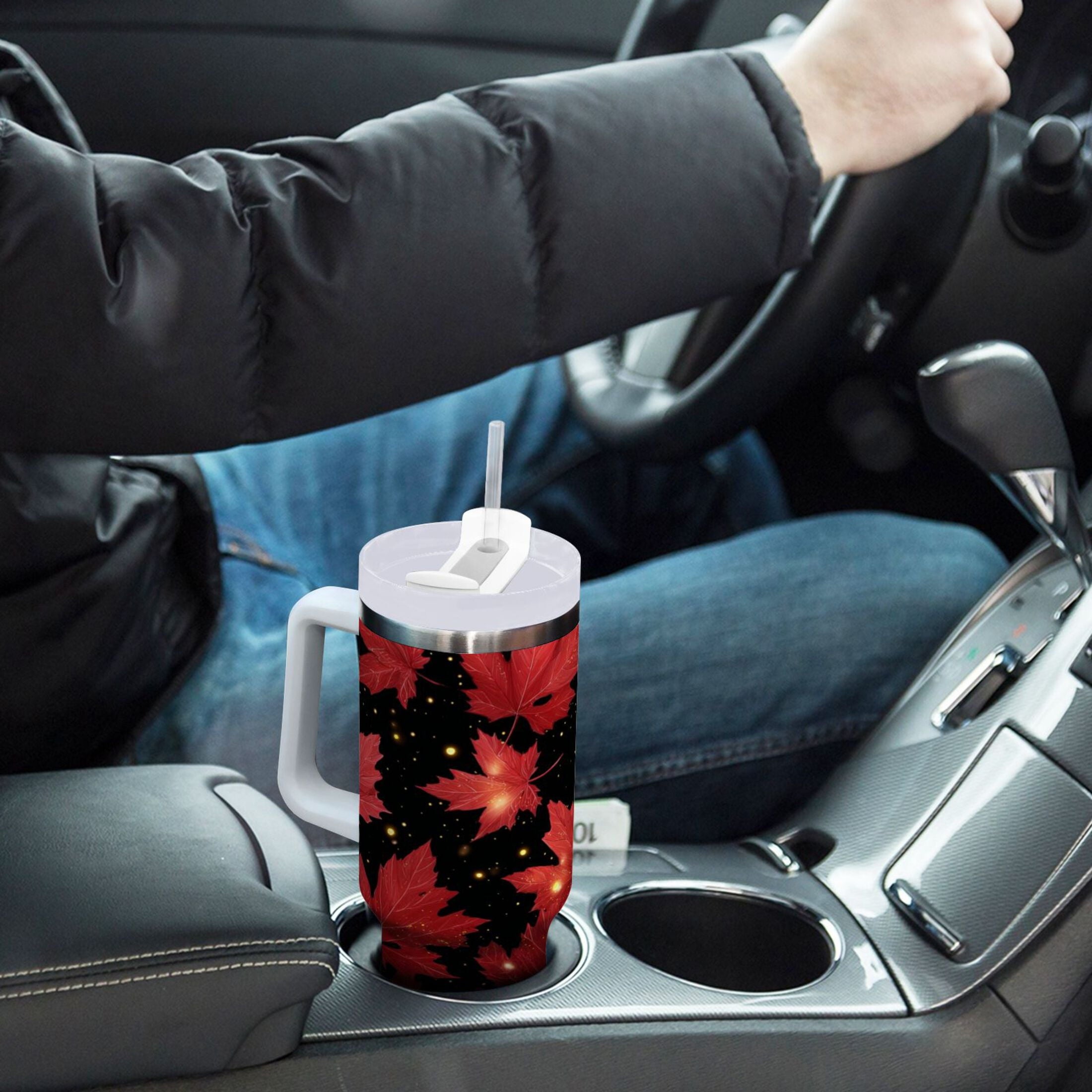 40 oz Insulated Stainless Steel Tumbler Double Wall Stainless Steel Tumbler with 2-Way Drinking Maple Leaves and Fireflies C516U