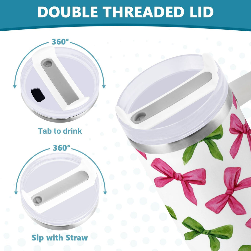 30 oz Insulated Stainless Steel Tumbler Double Wall Stainless Steel Tumbler with 2-Way Drinking Pink Bows and Green Ribbons C649W