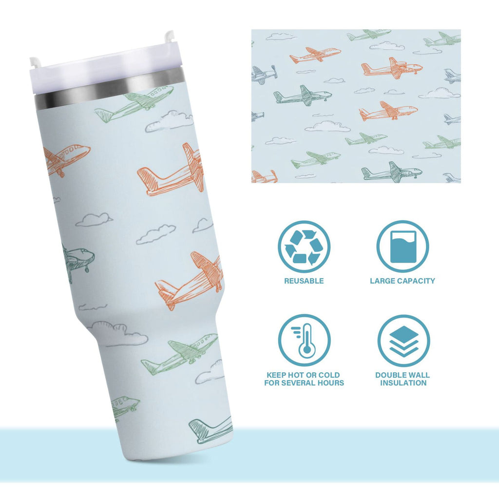 30 oz Insulated Stainless Steel Tumbler Double Wall Stainless Steel Tumbler with 2-Way Drinking Pastel Doodle Airplanes C593J