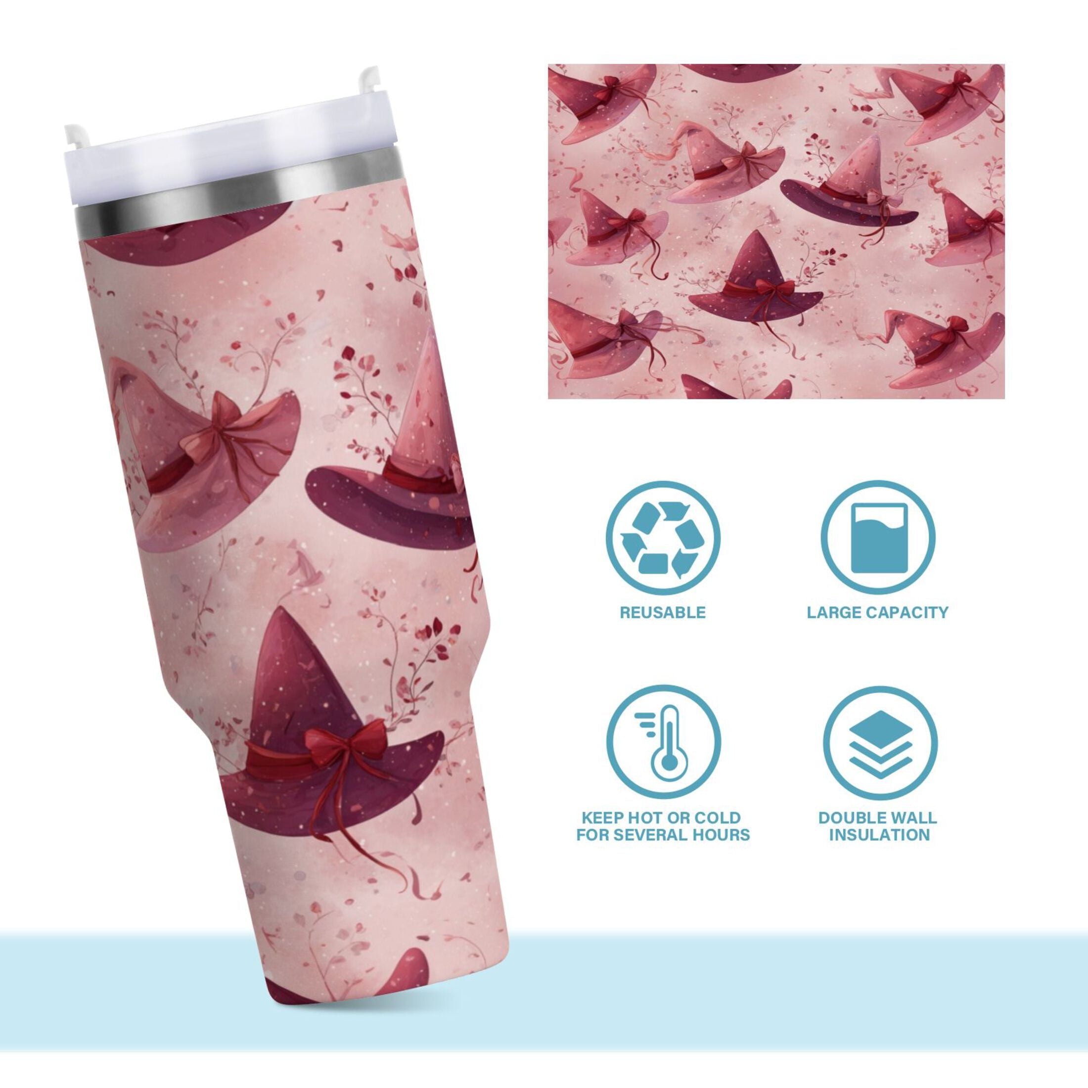 30 oz Insulated Stainless Steel Tumbler Double Wall Stainless Steel Tumbler with 2-Way Drinking Hats with Delicate Bows C679Y