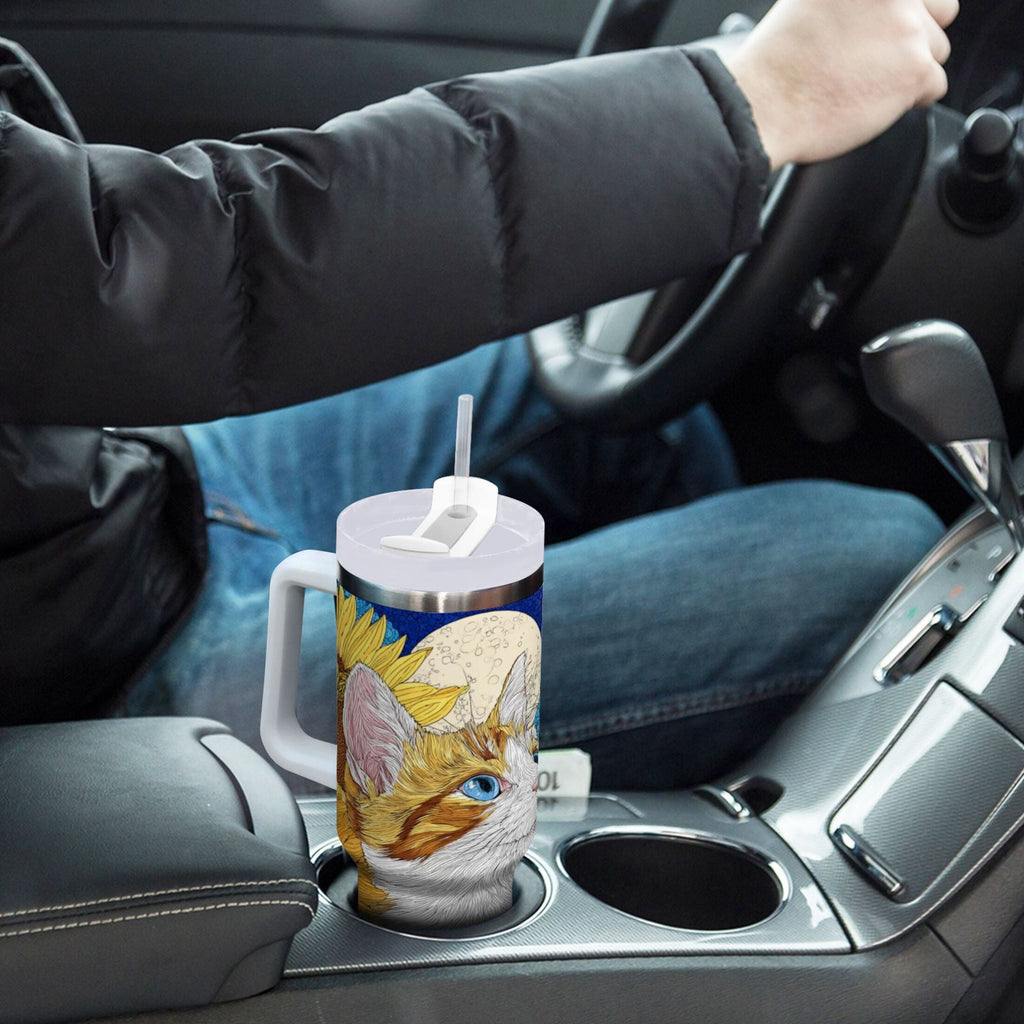 40 oz Insulated Stainless Steel Tumbler Double Wall Stainless Steel Tumbler with 2-Way Drinking Cat Lies in The Sunflowers C651Y