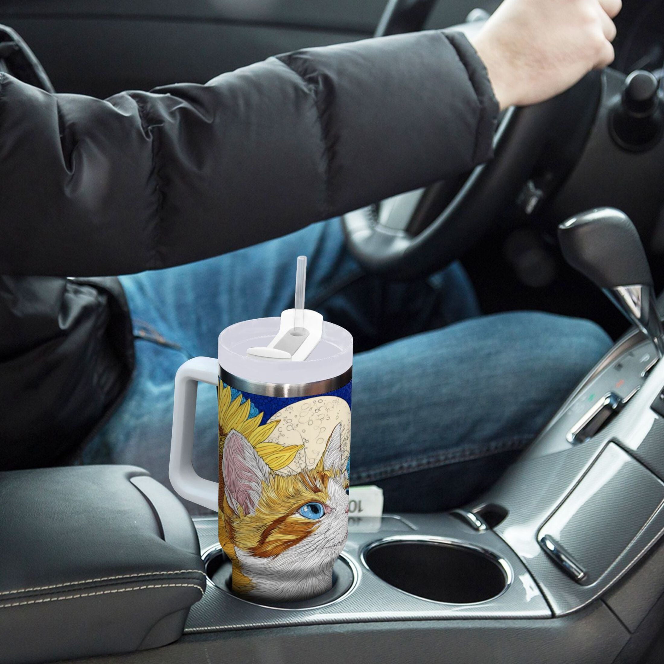 40 oz Insulated Stainless Steel Tumbler Double Wall Stainless Steel Tumbler with 2-Way Drinking Cat Lies in The Sunflowers C651Y