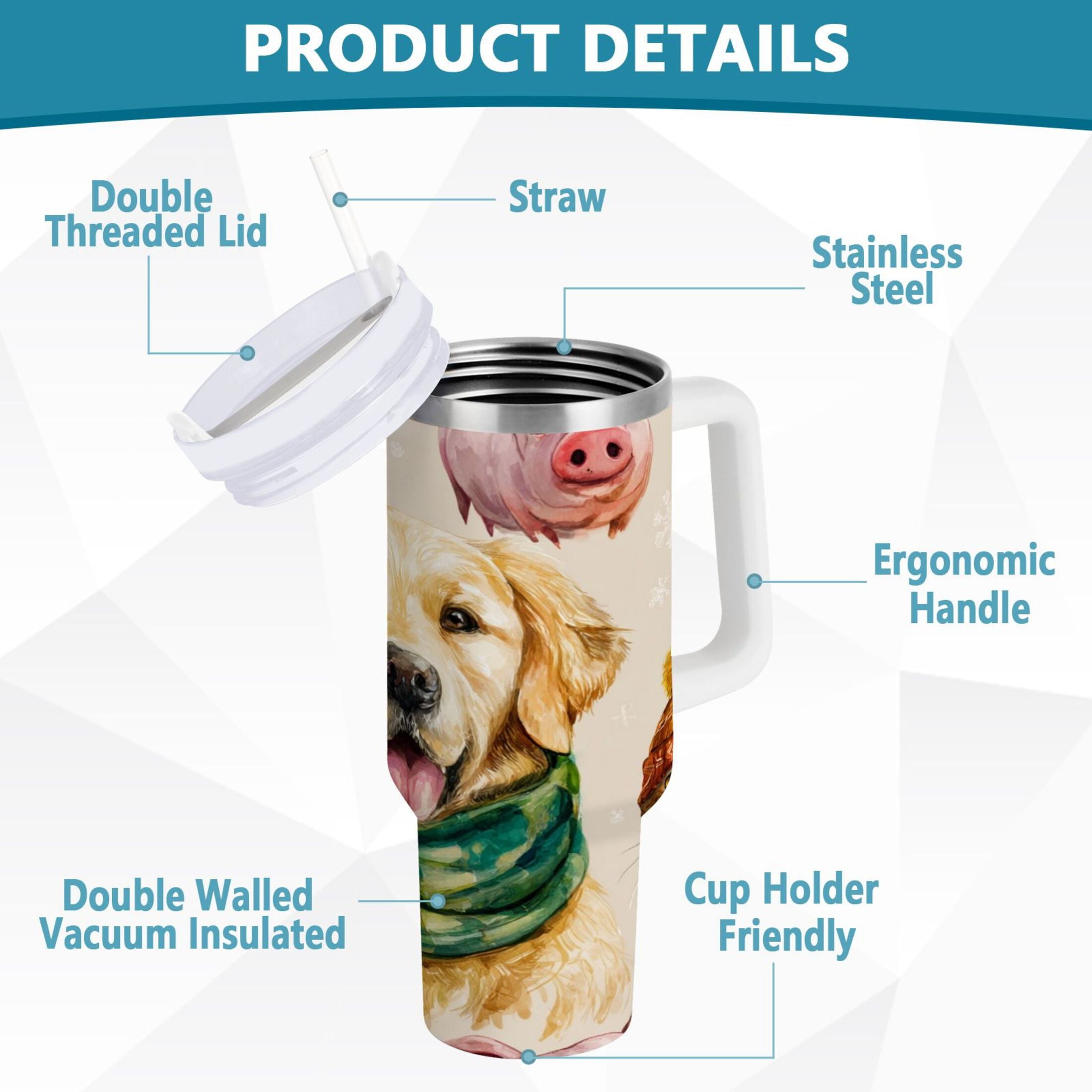 30 oz Insulated Stainless Steel Tumbler Double Wall Stainless Steel Tumbler with 2-Way Drinking Watercolor Animals Pattern C618Y