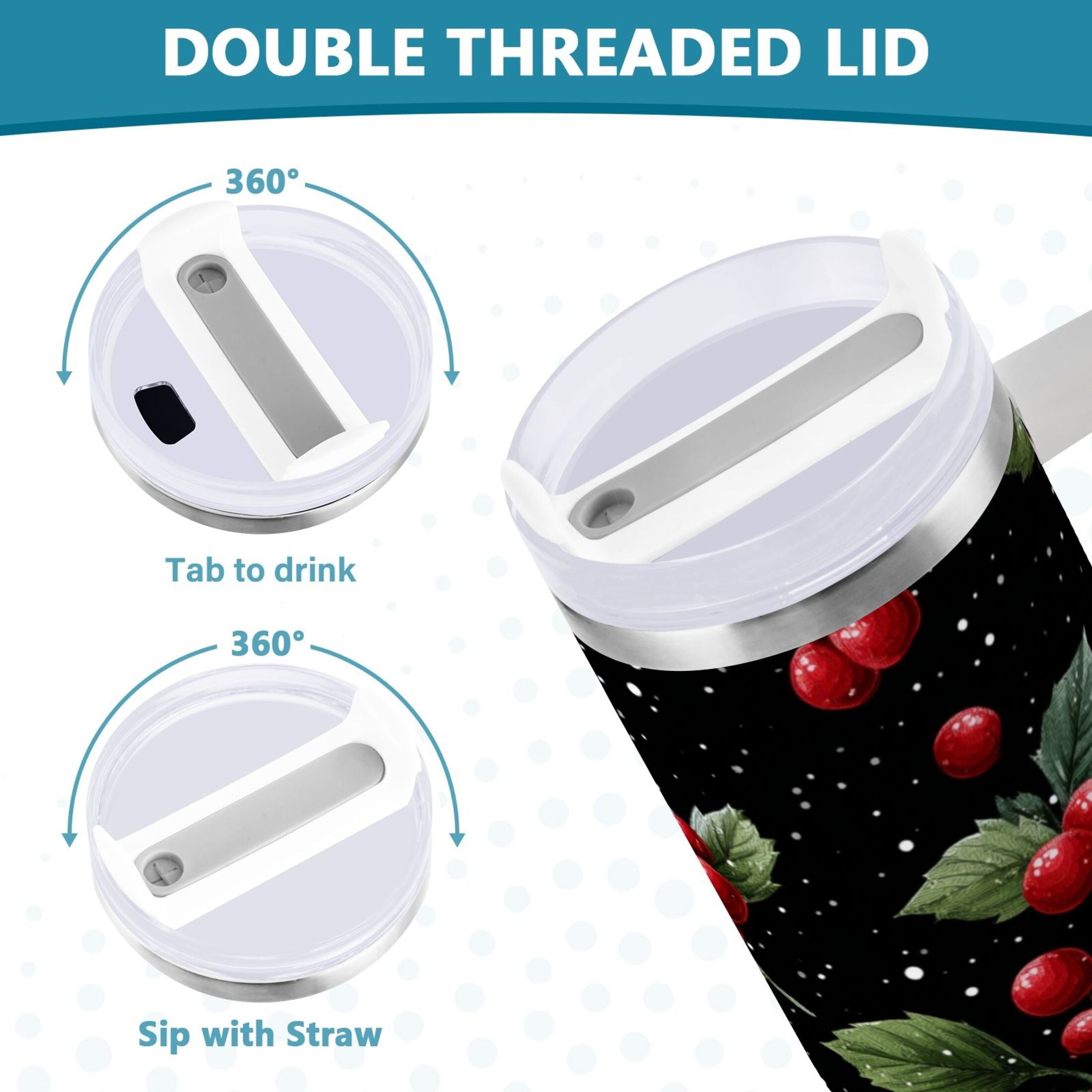 40 oz Insulated Stainless Steel Tumbler Double Wall Stainless Steel Tumbler with 2-Way Drinking Red Holly Berries Pattern C652E