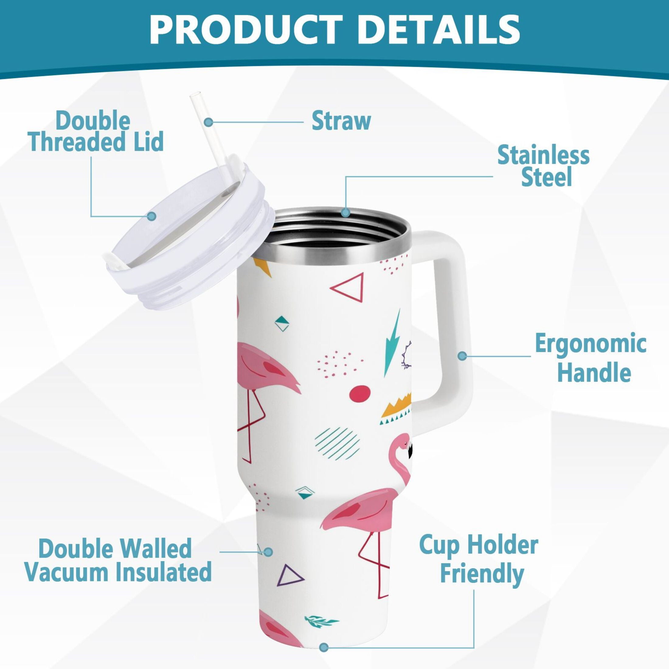 40 oz Insulated Stainless Steel Tumbler Double Wall Stainless Steel Tumbler with 2-Way Drinking Cute Flamingo Pattern C502Y