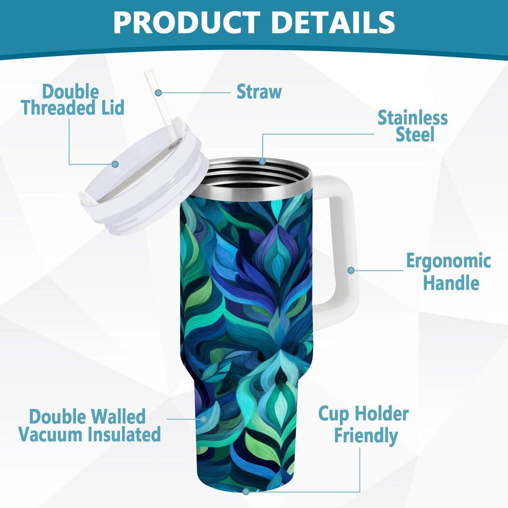 40 oz Insulated Stainless Steel Tumbler Double Wall Stainless Steel Tumbler with 2-Way Drinking Elegant Blue Abstract Shapes C609J
