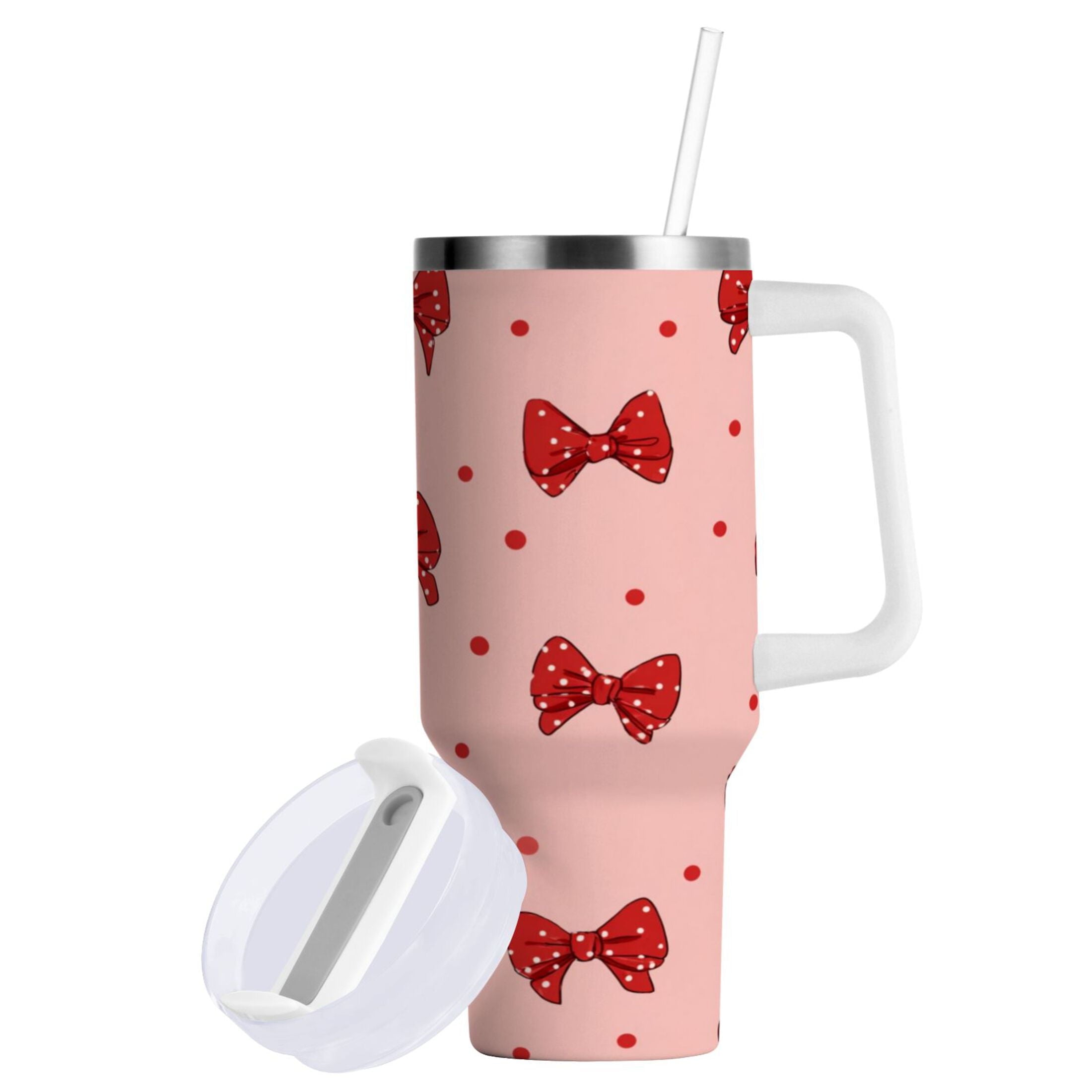 40 oz Insulated Stainless Steel Tumbler Double Wall Stainless Steel Tumbler with 2-Way Drinking Red Bows and Polka Dots C531W