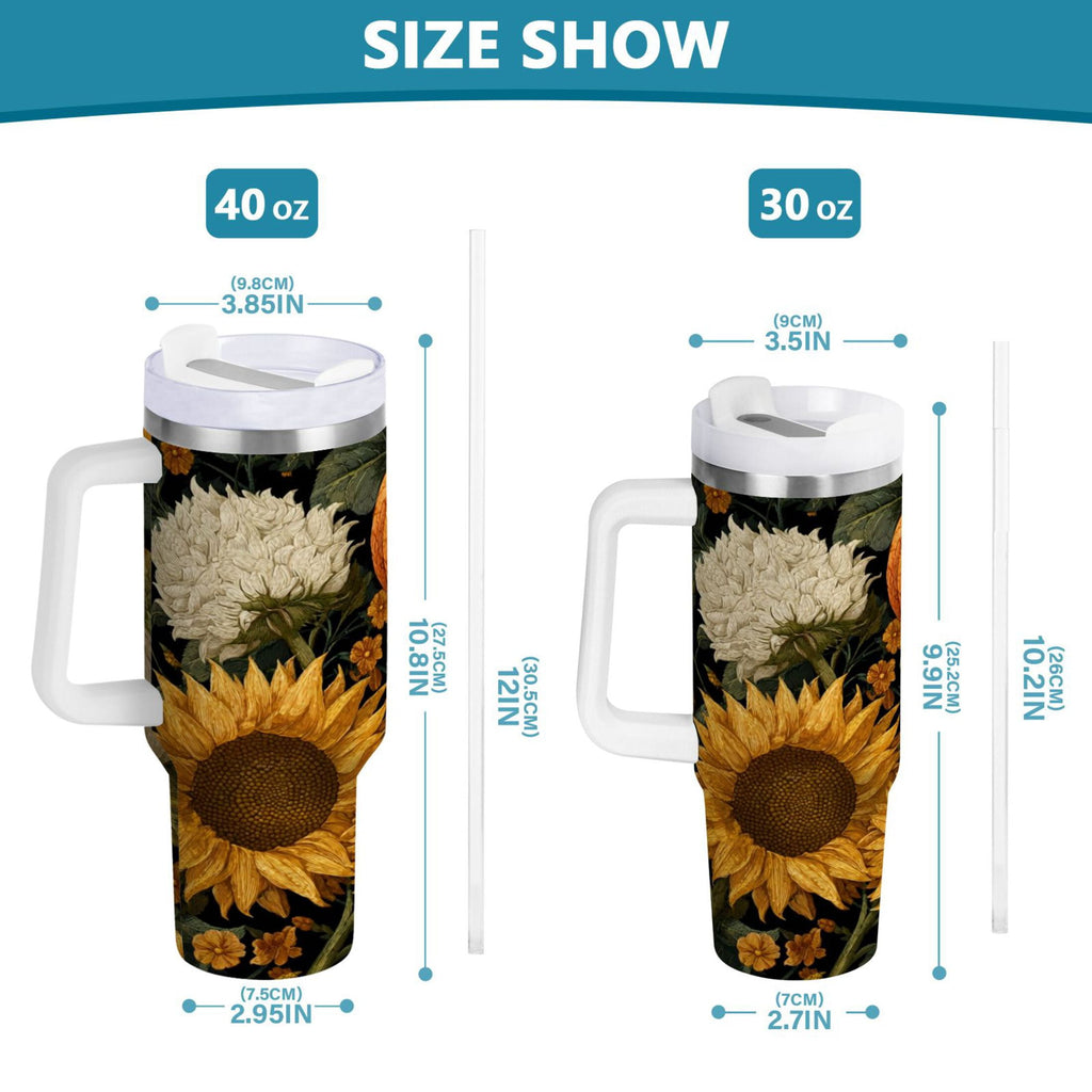 40 oz Insulated Stainless Steel Tumbler Double Wall Stainless Steel Tumbler with 2-Way Drinking Pumpkins and Sunflowers Pattern C560L
