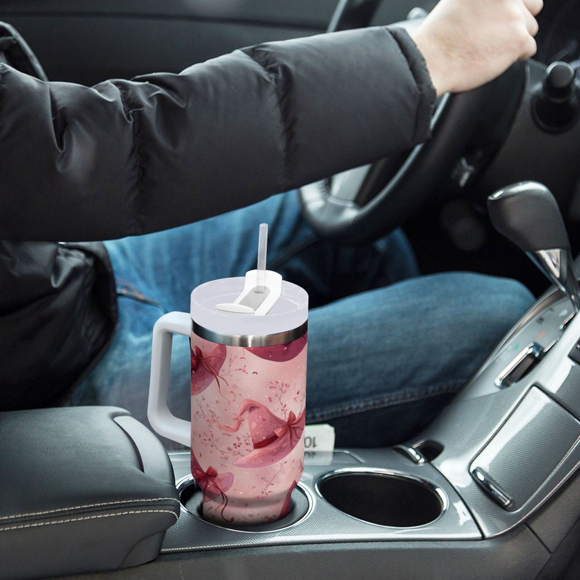 30 oz Insulated Stainless Steel Tumbler Double Wall Stainless Steel Tumbler with 2-Way Drinking Hats with Delicate Bows C679Y