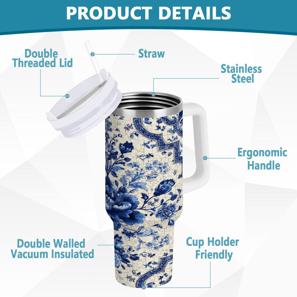 30 oz Insulated Stainless Steel Tumbler Double Wall Stainless Steel Tumbler with 2-Way Drinking Blue and White Porcelain-style C576F