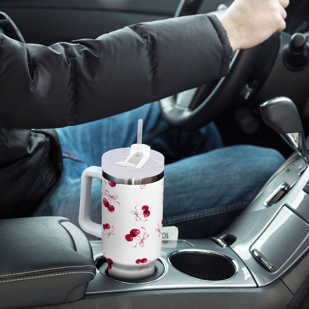 30 oz Insulated Stainless Steel Tumbler Double Wall Stainless Steel Tumbler with 2-Way Drinking Watercolor Cherries Pattern C604S