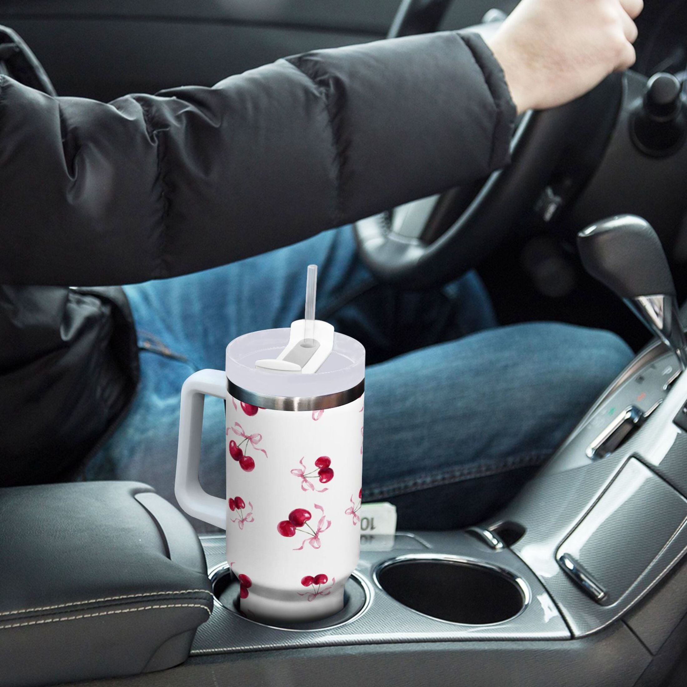 30 oz Insulated Stainless Steel Tumbler Double Wall Stainless Steel Tumbler with 2-Way Drinking Watercolor Cherries Pattern C604S