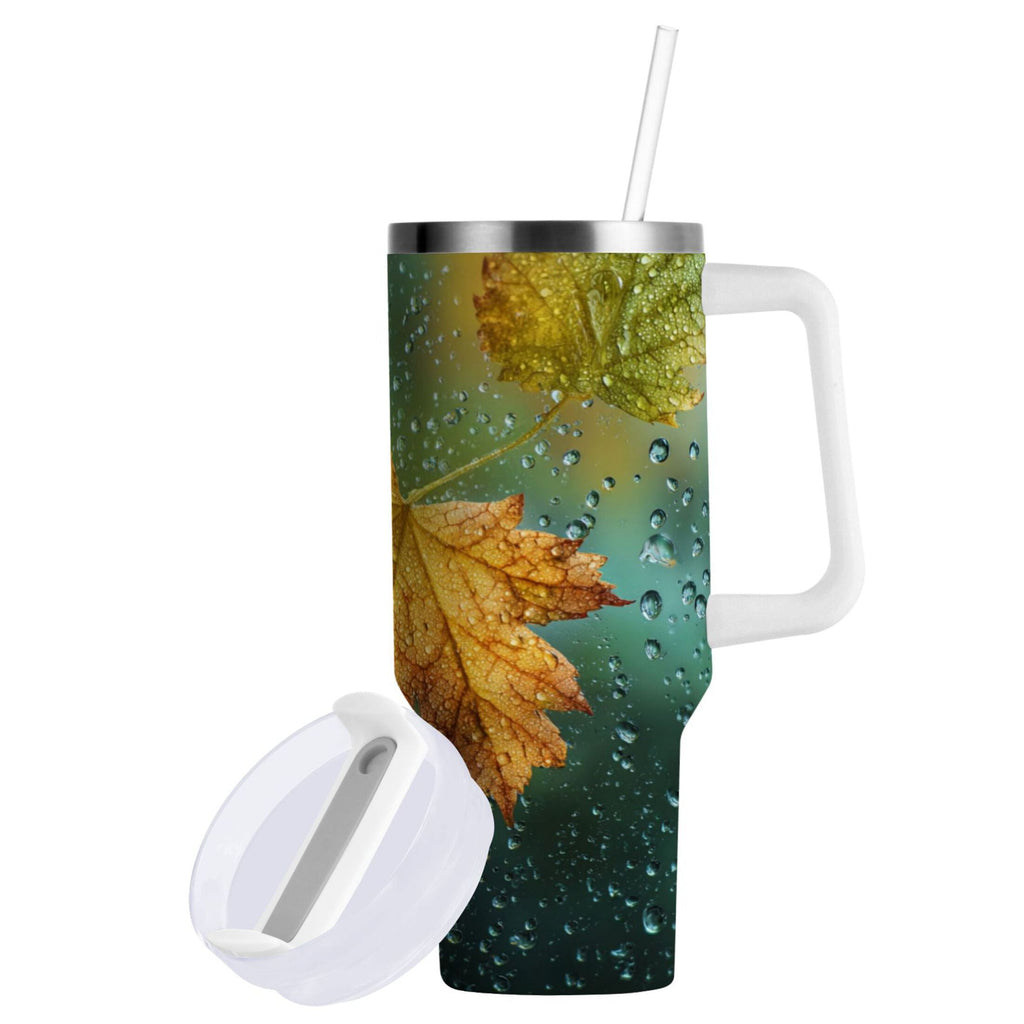 30 oz Insulated Stainless Steel Tumbler Double Wall Stainless Steel Tumbler with 2-Way Drinking Leaves with Water Droplets C500B