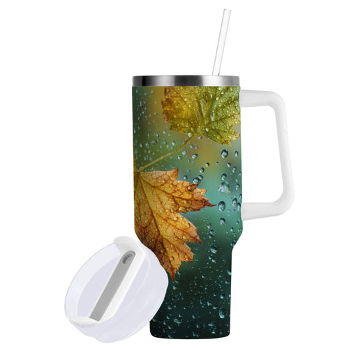 30 oz Insulated Stainless Steel Tumbler Double Wall Stainless Steel Tumbler with 2-Way Drinking Leaves with Water Droplets C500B