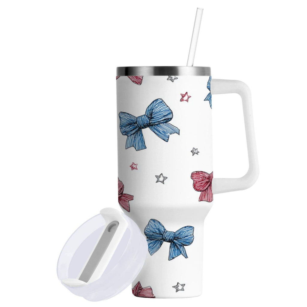 40 oz Insulated Stainless Steel Tumbler Double Wall Stainless Steel Tumbler with 2-Way Drinking Red and Blue Stripes Bows C510A