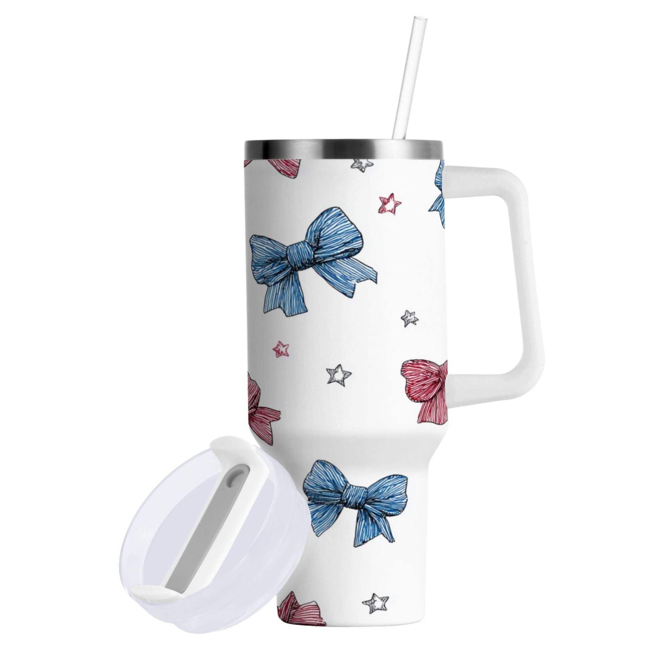 40 oz Insulated Stainless Steel Tumbler Double Wall Stainless Steel Tumbler with 2-Way Drinking Red and Blue Stripes Bows C510A
