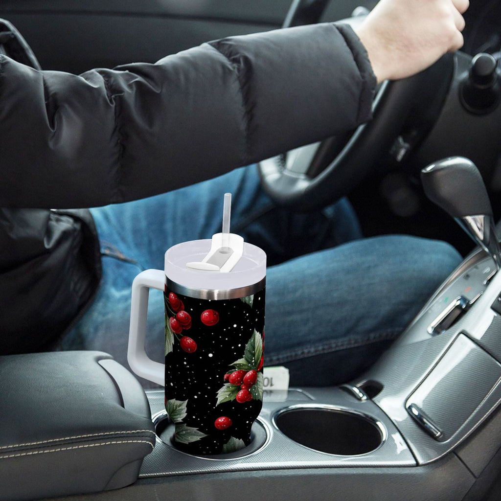 40 oz Insulated Stainless Steel Tumbler Double Wall Stainless Steel Tumbler with 2-Way Drinking Red Holly Berries Pattern C652E