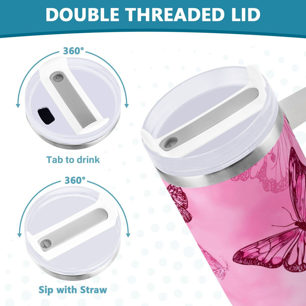 40 oz Insulated Stainless Steel Tumbler Double Wall Stainless Steel Tumbler with 2-Way Drinking Pink Butterfly Pattern C629D