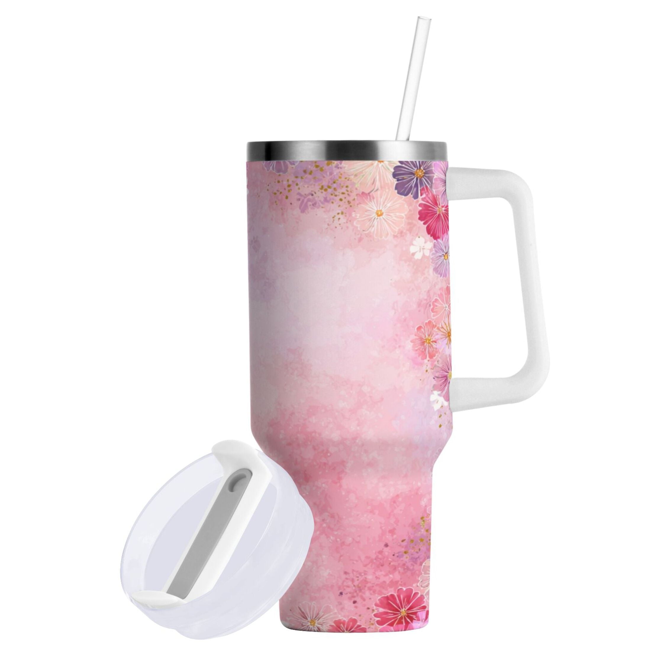 30 oz Insulated Stainless Steel Tumbler Double Wall Stainless Steel Tumbler with 2-Way Drinking Colorful Pastel Floral Pattern C514N
