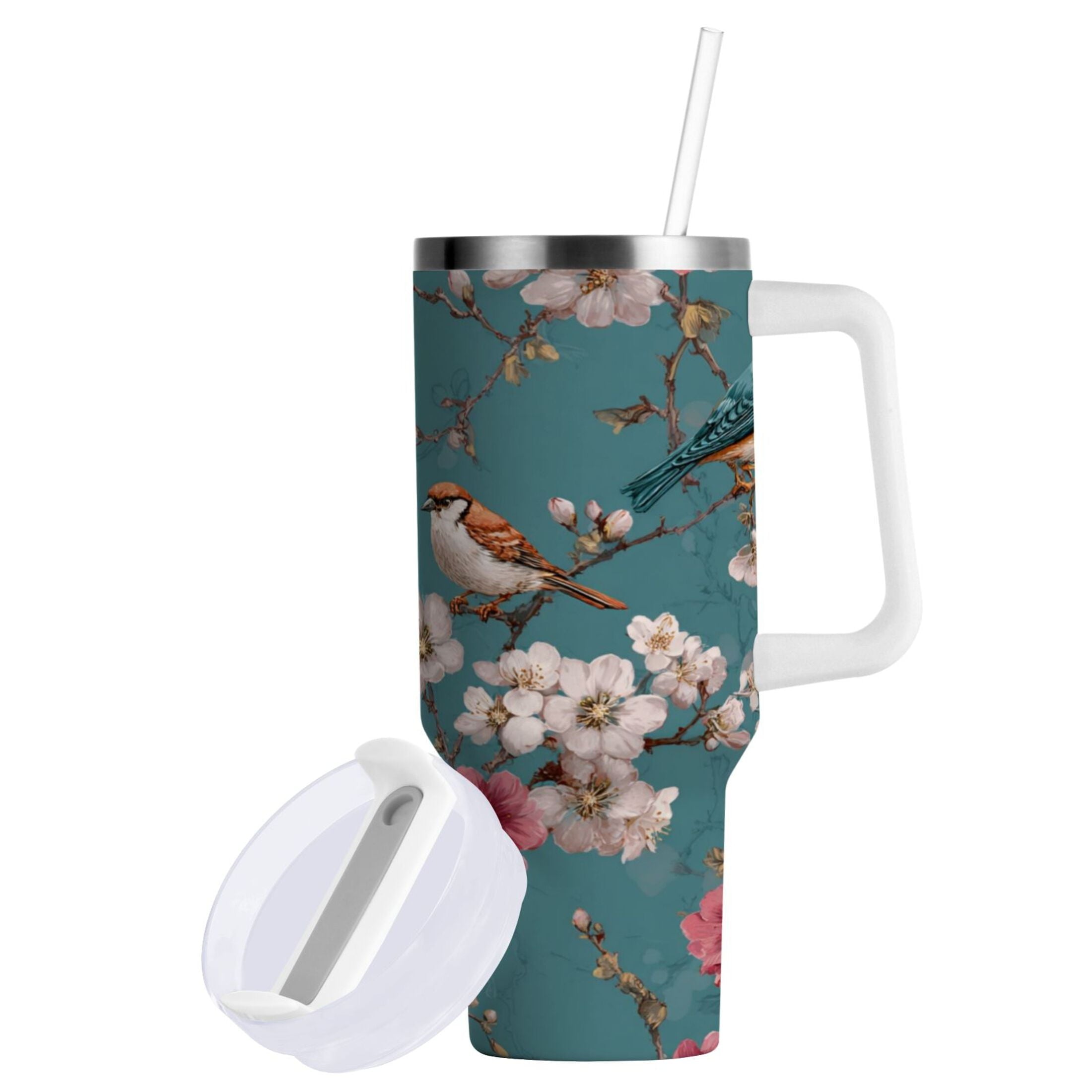 30 oz Insulated Stainless Steel Tumbler Double Wall Stainless Steel Tumbler with 2-Way Drinking Birds and Cherry Pattern C537A