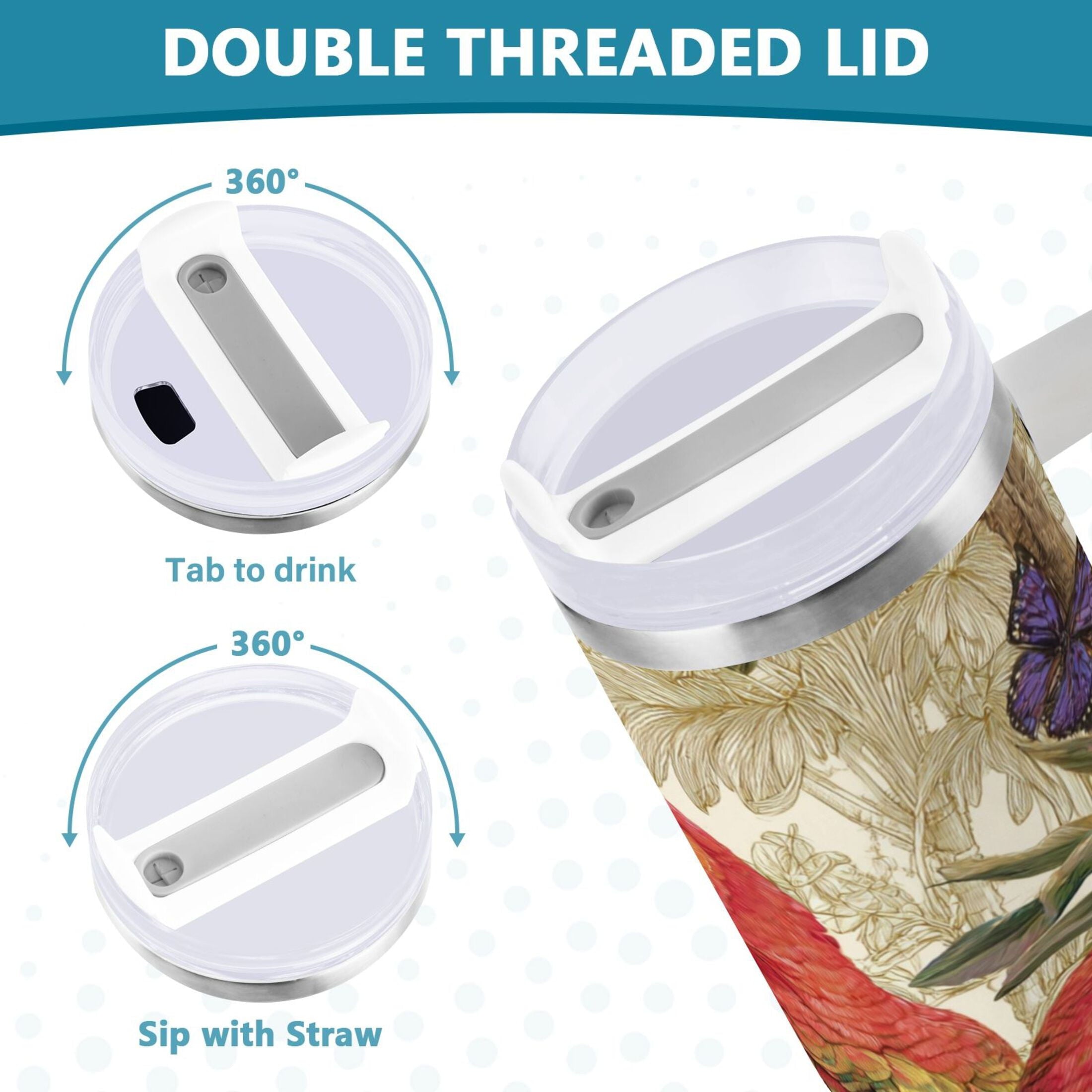 30 oz Insulated Stainless Steel Tumbler Double Wall Stainless Steel Tumbler with 2-Way Drinking Colorful Beautiful Parrots C520H