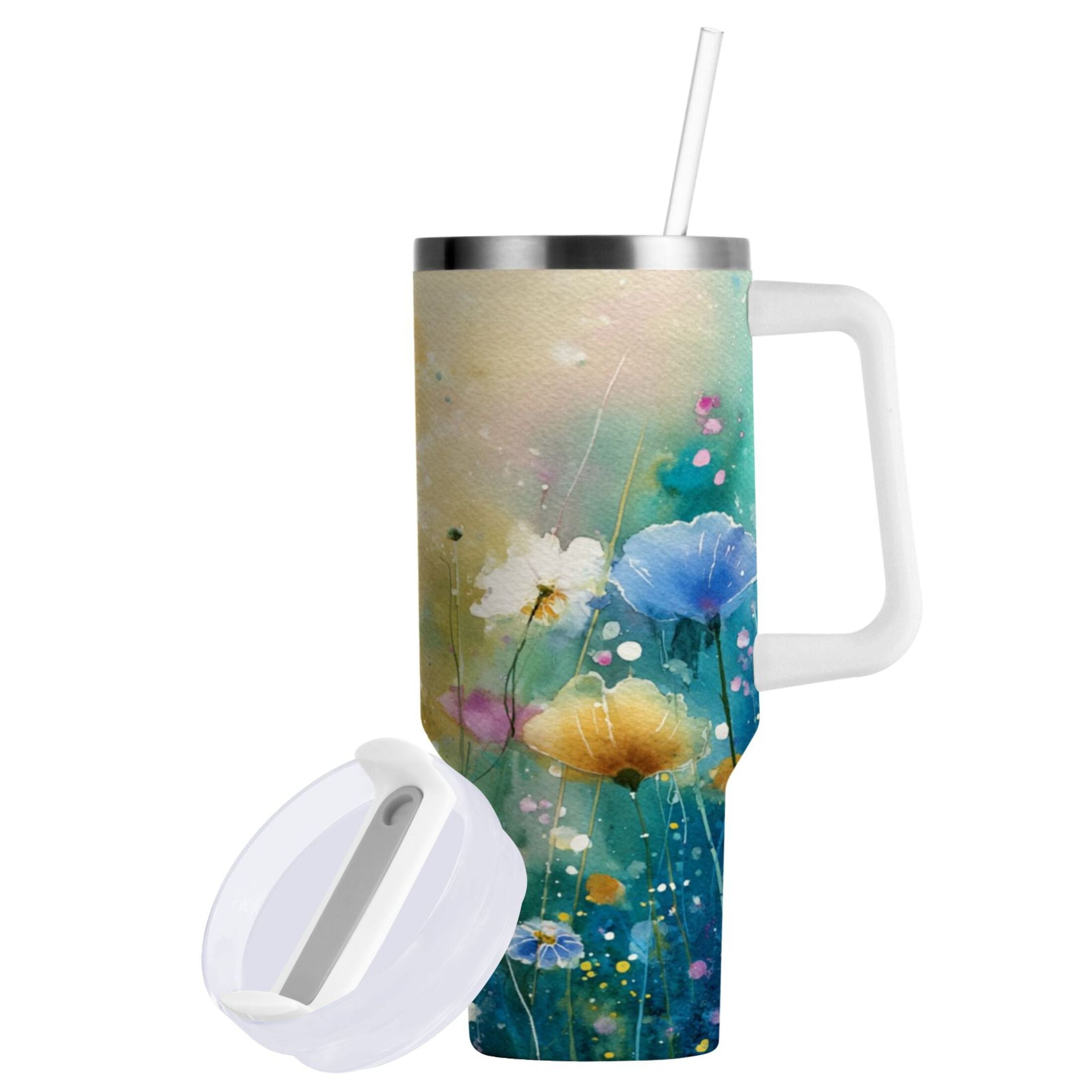 30 oz Insulated Stainless Steel Tumbler Double Wall Stainless Steel Tumbler with 2-Way Drinking Watercolor Wildflowers C563X