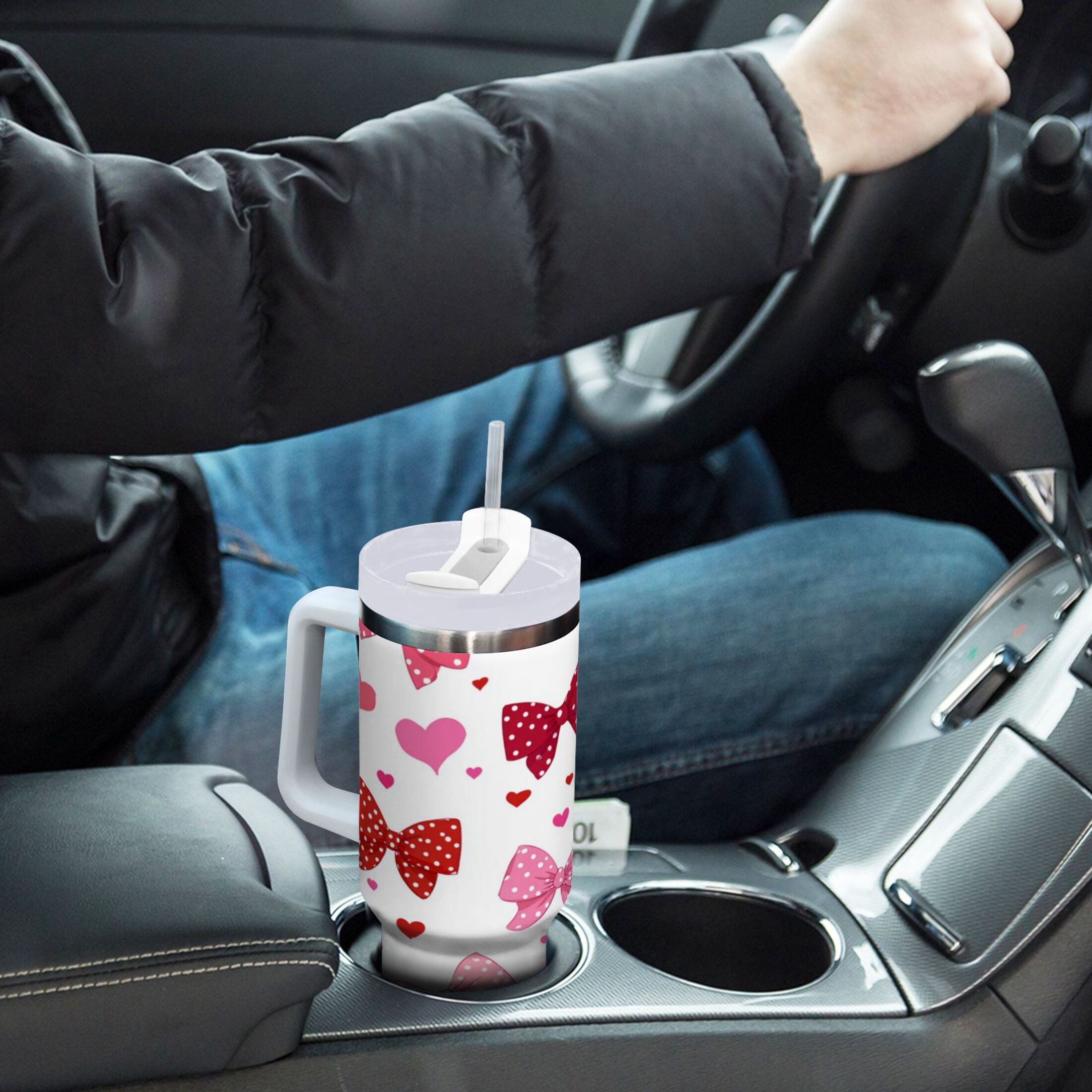 30 oz Insulated Stainless Steel Tumbler Double Wall Stainless Steel Tumbler with 2-Way Drinking Red and Pink Bows C595R