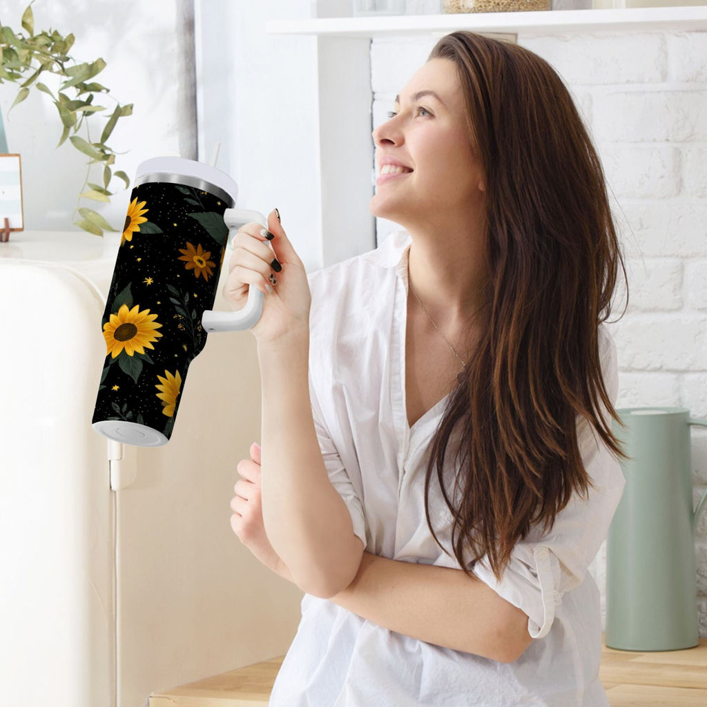 30 oz Insulated Stainless Steel Tumbler Double Wall Stainless Steel Tumbler with 2-Way Drinking Yellow Sunflower Pattern C532S