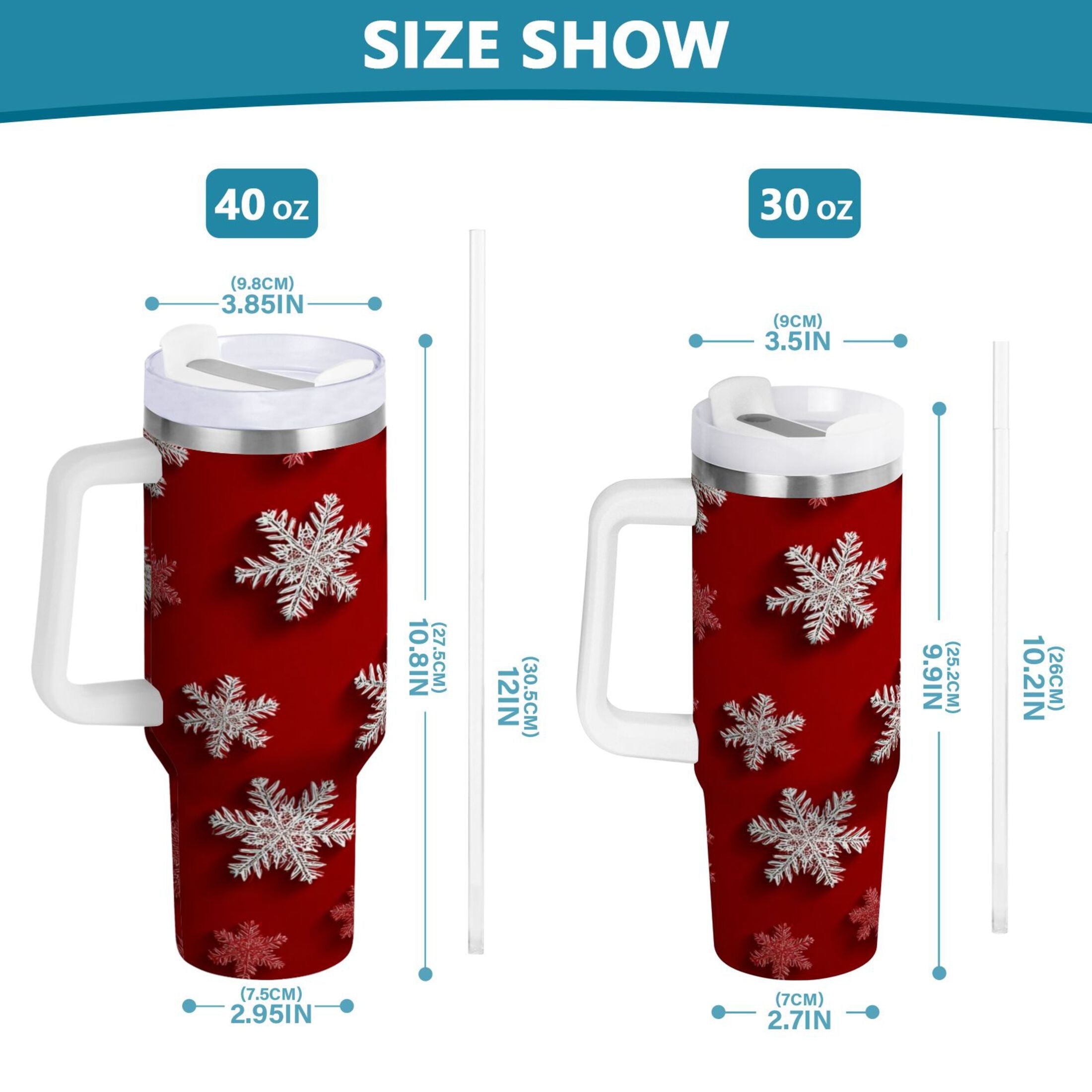 30 oz Insulated Stainless Steel Tumbler Double Wall Stainless Steel Tumbler with 2-Way Drinking Red and White Snowflakes C554D