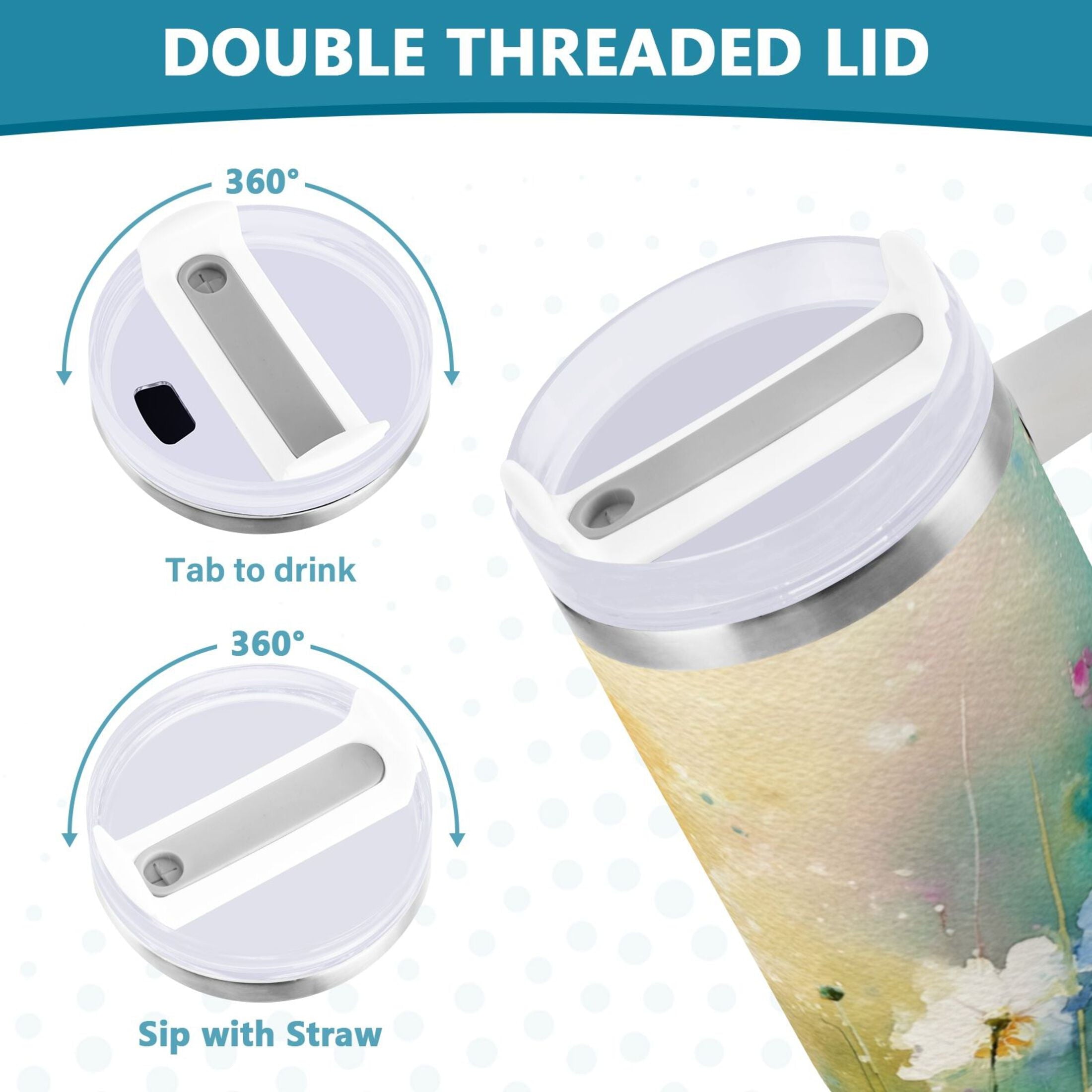 30 oz Insulated Stainless Steel Tumbler Double Wall Stainless Steel Tumbler with 2-Way Drinking Watercolor Wildflowers C563X
