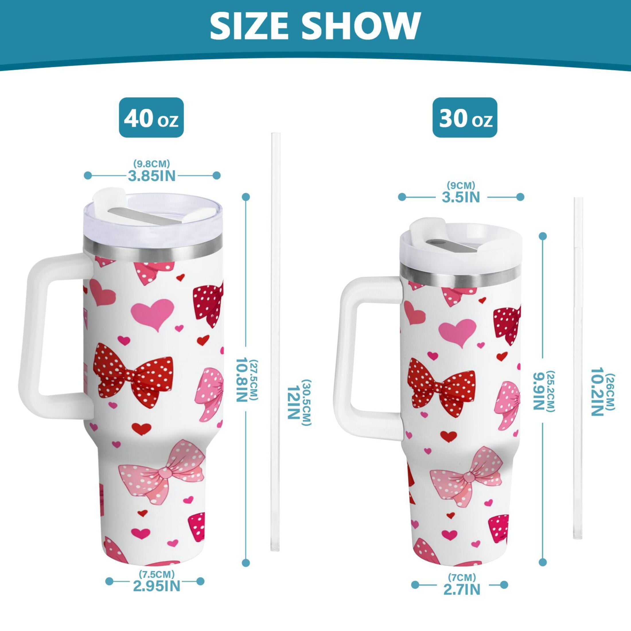 30 oz Insulated Stainless Steel Tumbler Double Wall Stainless Steel Tumbler with 2-Way Drinking Red and Pink Bows C595R