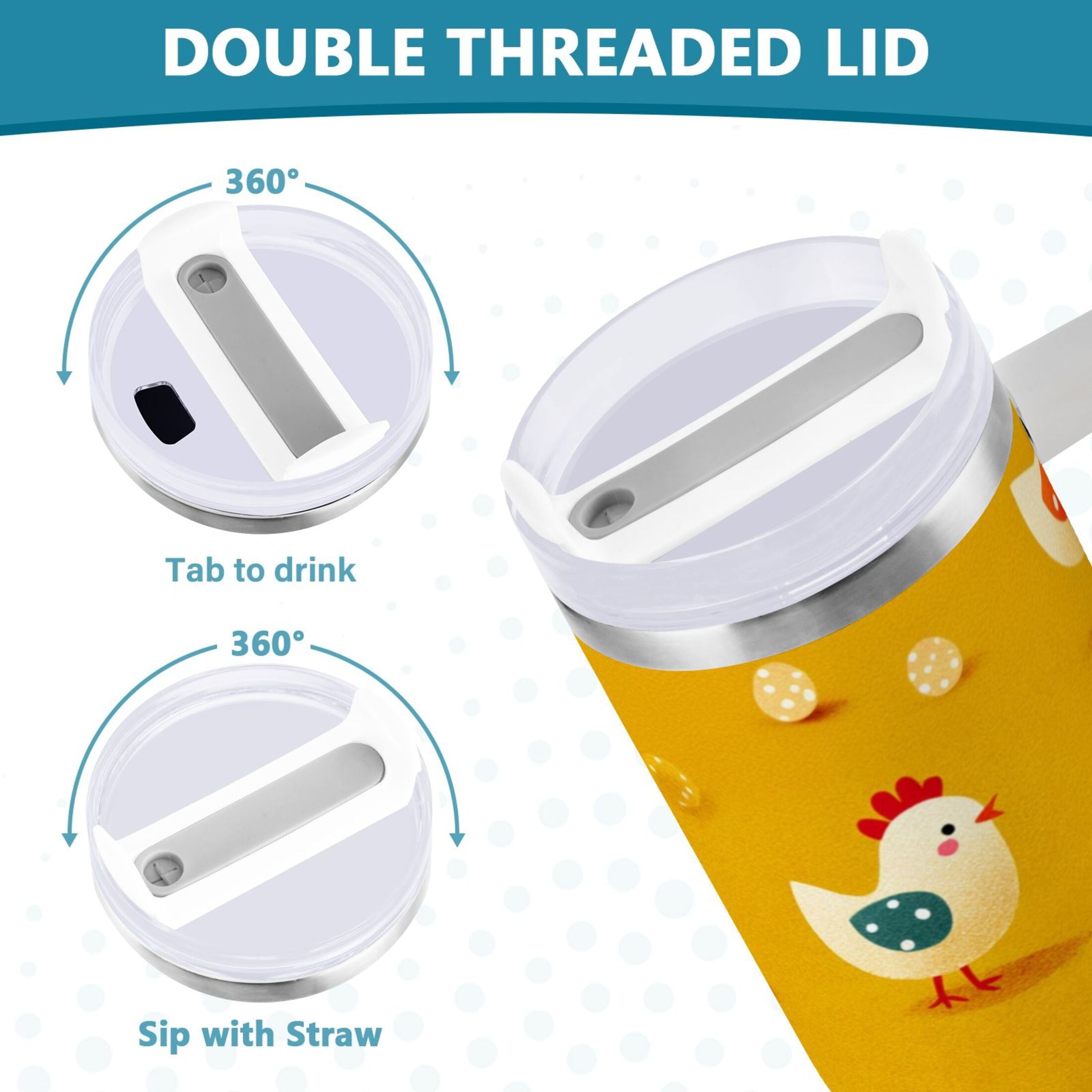 30 oz Insulated Stainless Steel Tumbler Double Wall Stainless Steel Tumbler with 2-Way Drinking Cartoon Chickens Pattern C551K