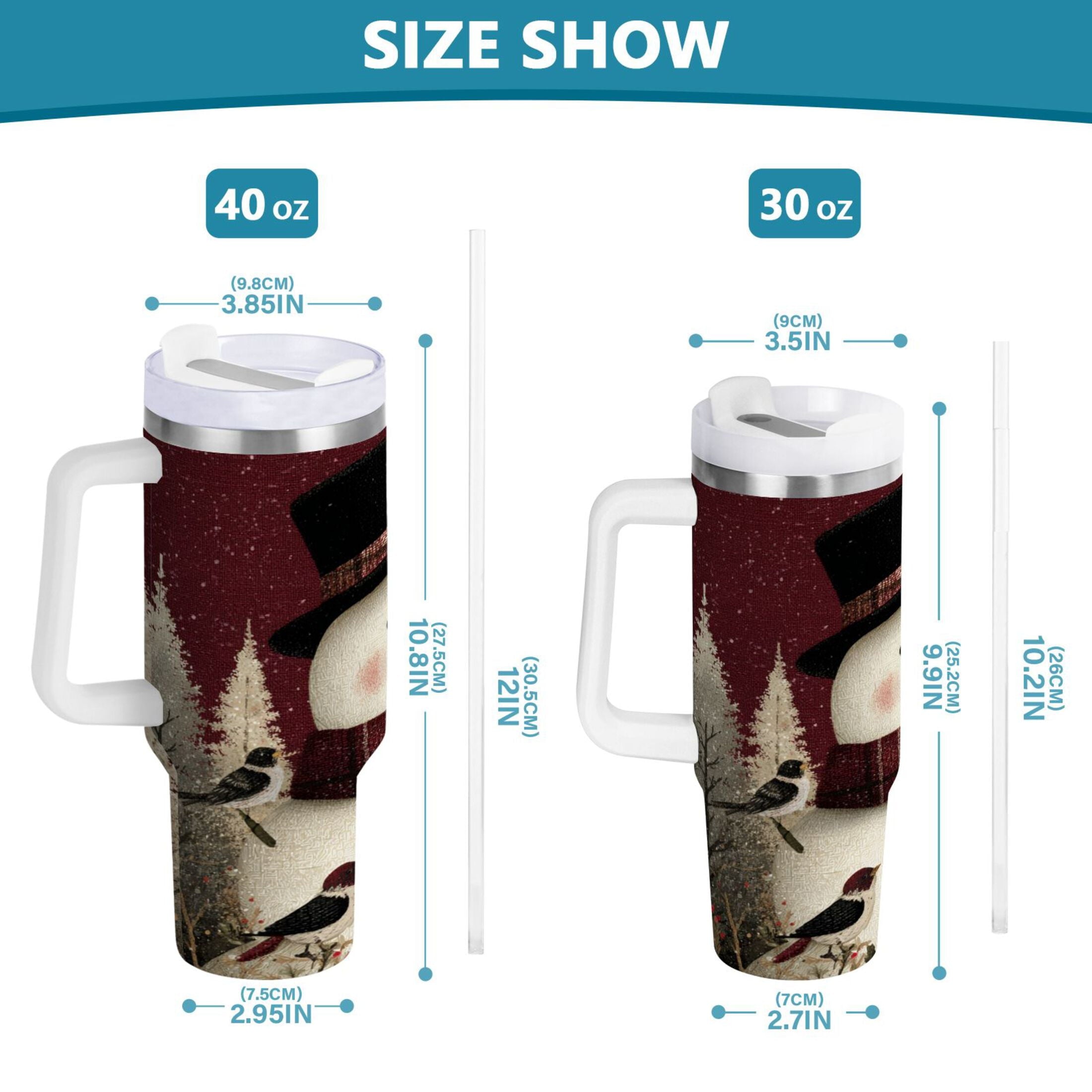 30 oz Insulated Stainless Steel Tumbler Double Wall Stainless Steel Tumbler with 2-Way Drinking Snowman and Birds C637Y
