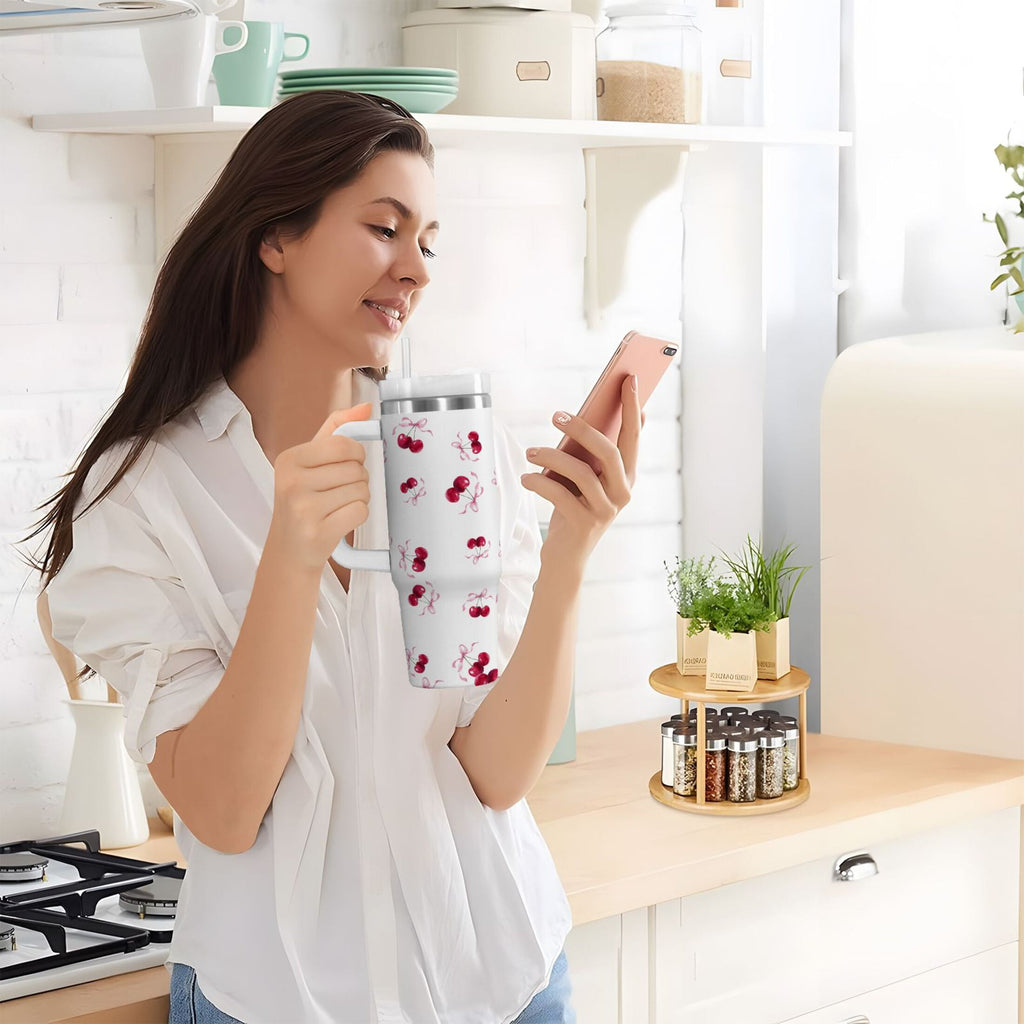 30 oz Insulated Stainless Steel Tumbler Double Wall Stainless Steel Tumbler with 2-Way Drinking Watercolor Cherries Pattern C604S