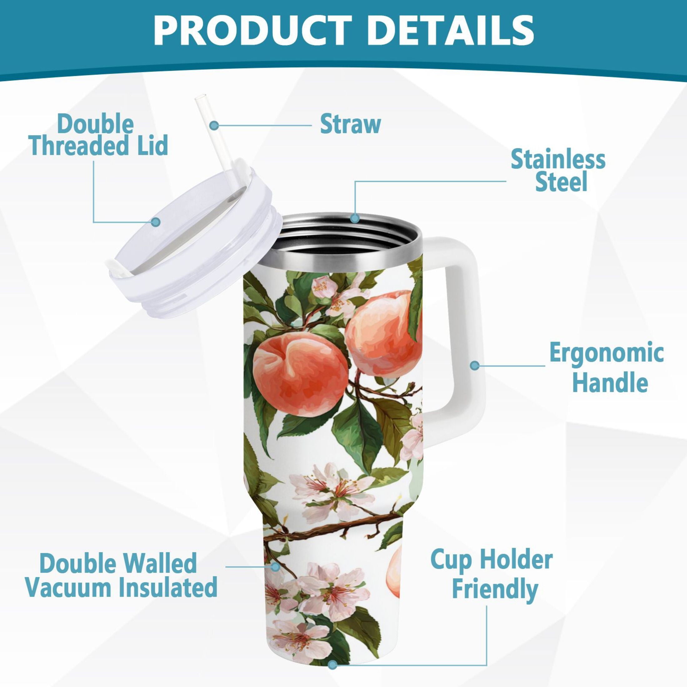 30 oz Insulated Stainless Steel Tumbler Double Wall Stainless Steel Tumbler with 2-Way Drinking Peach Fruit Pattern C503Y
