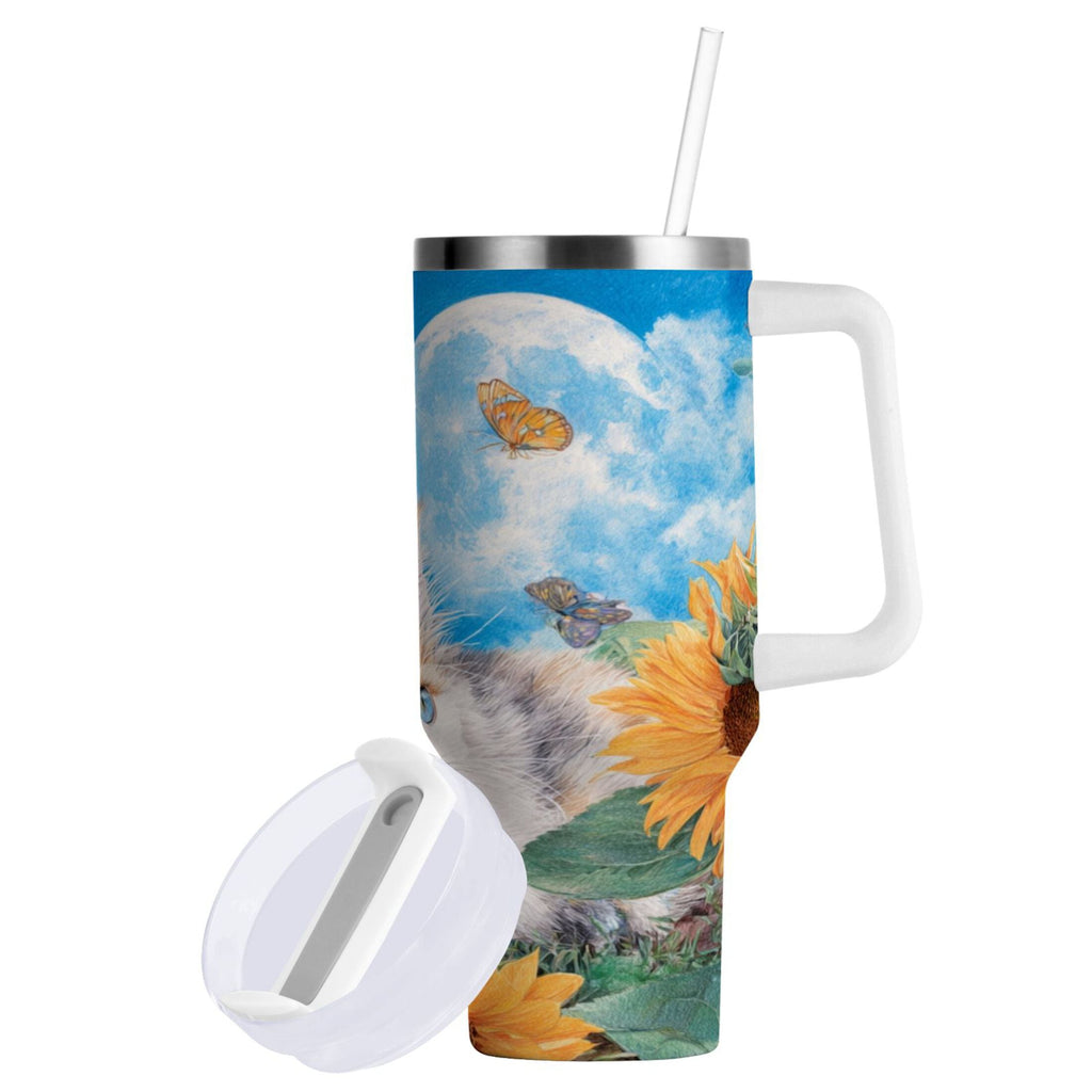 40 oz Insulated Stainless Steel Tumbler Double Wall Stainless Steel Tumbler with 2-Way Drinking Playful Cat Lying Sunflowers C549U