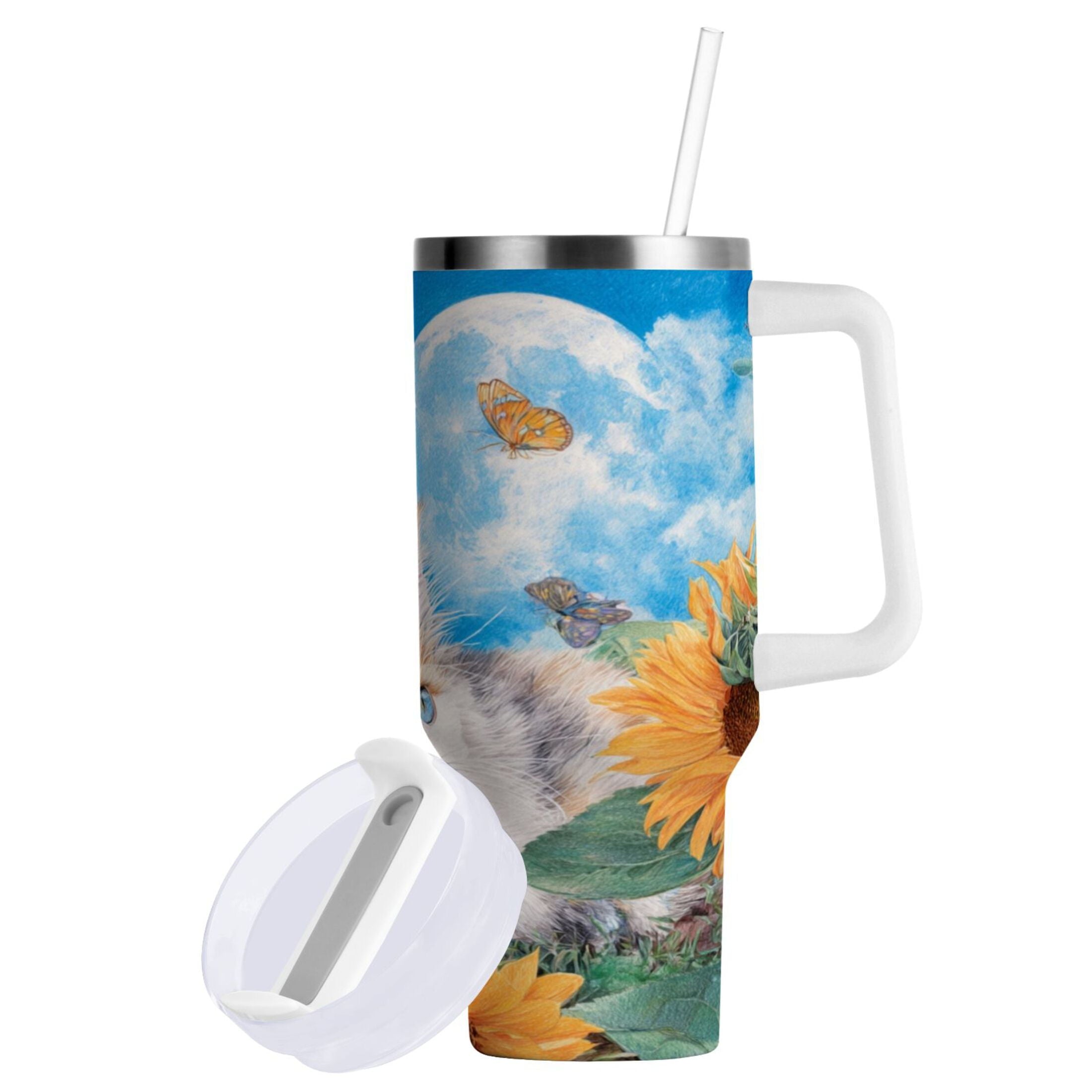 40 oz Insulated Stainless Steel Tumbler Double Wall Stainless Steel Tumbler with 2-Way Drinking Playful Cat Lying Sunflowers C549U