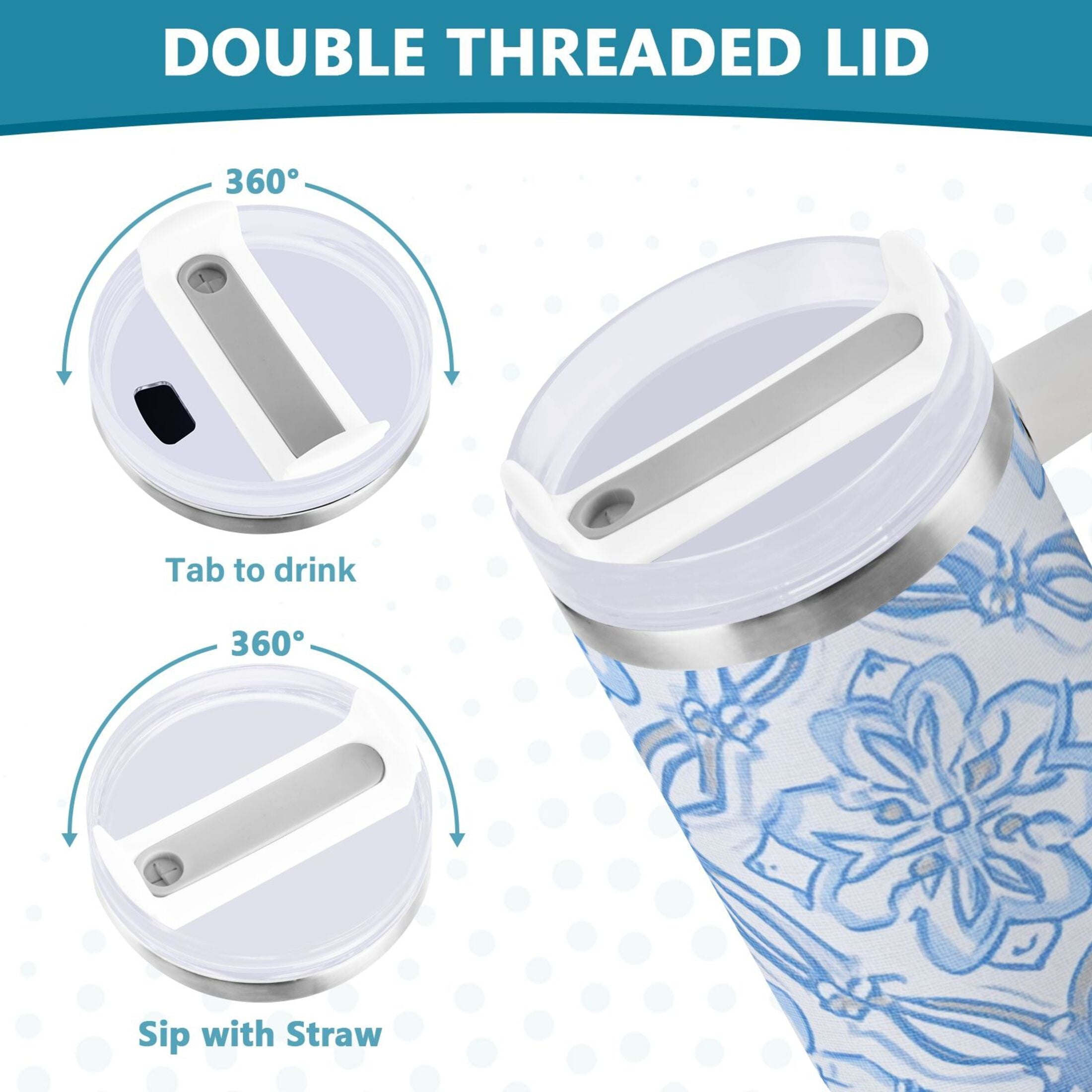 30 oz Insulated Stainless Steel Tumbler Double Wall Stainless Steel Tumbler with 2-Way Drinking Blue Elegant Geometric Design C623K