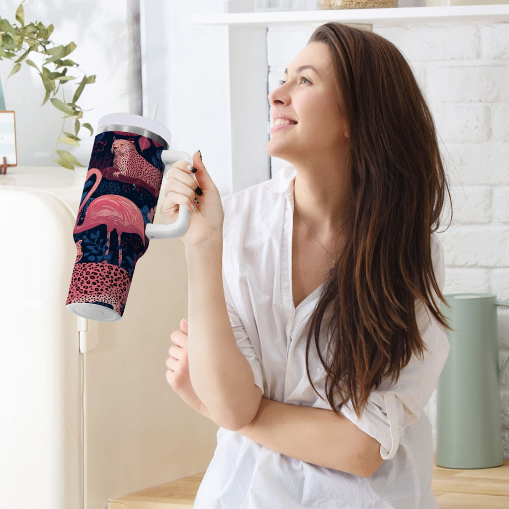 30 oz Insulated Stainless Steel Tumbler Double Wall Stainless Steel Tumbler with 2-Way Drinking Flamingos and Leopard Print C568Z