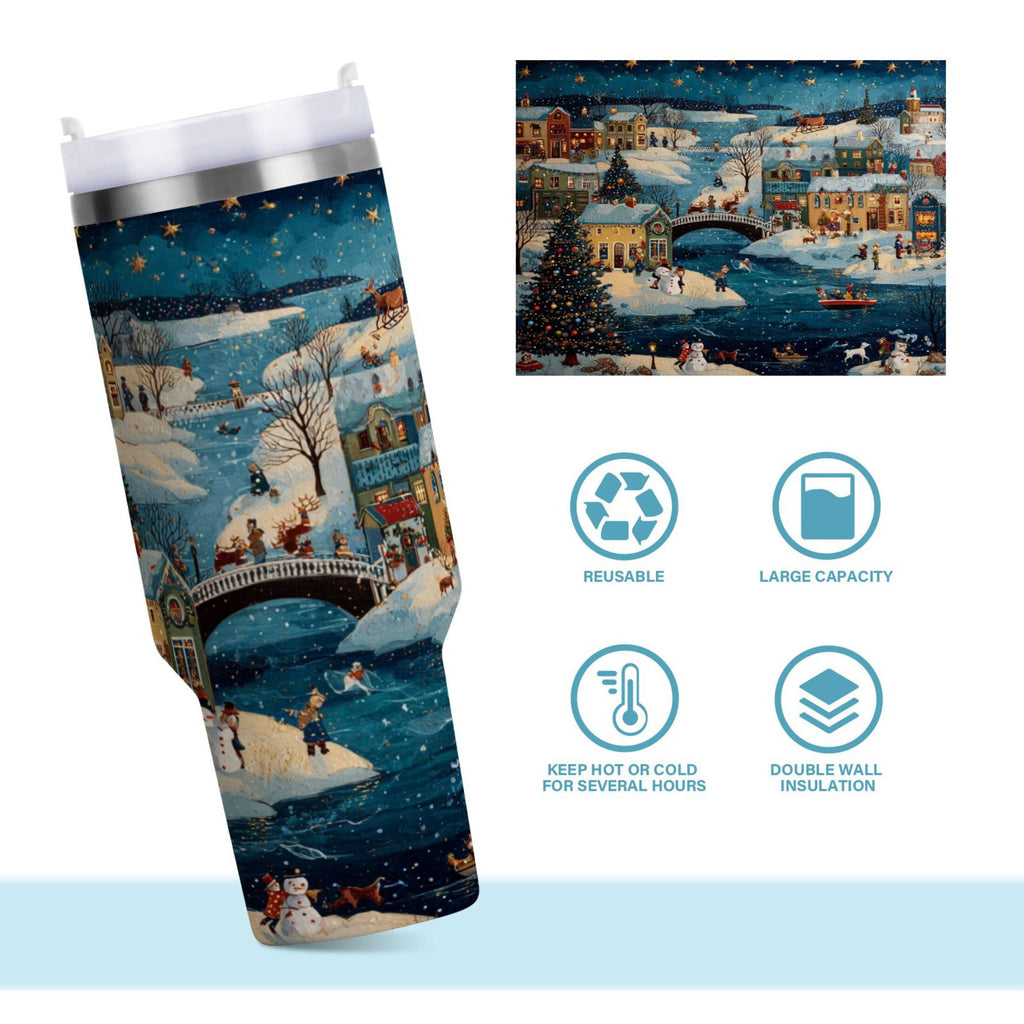 30 oz Insulated Stainless Steel Tumbler Double Wall Stainless Steel Tumbler with 2-Way Drinking Whimsical Christmas Scene C545C