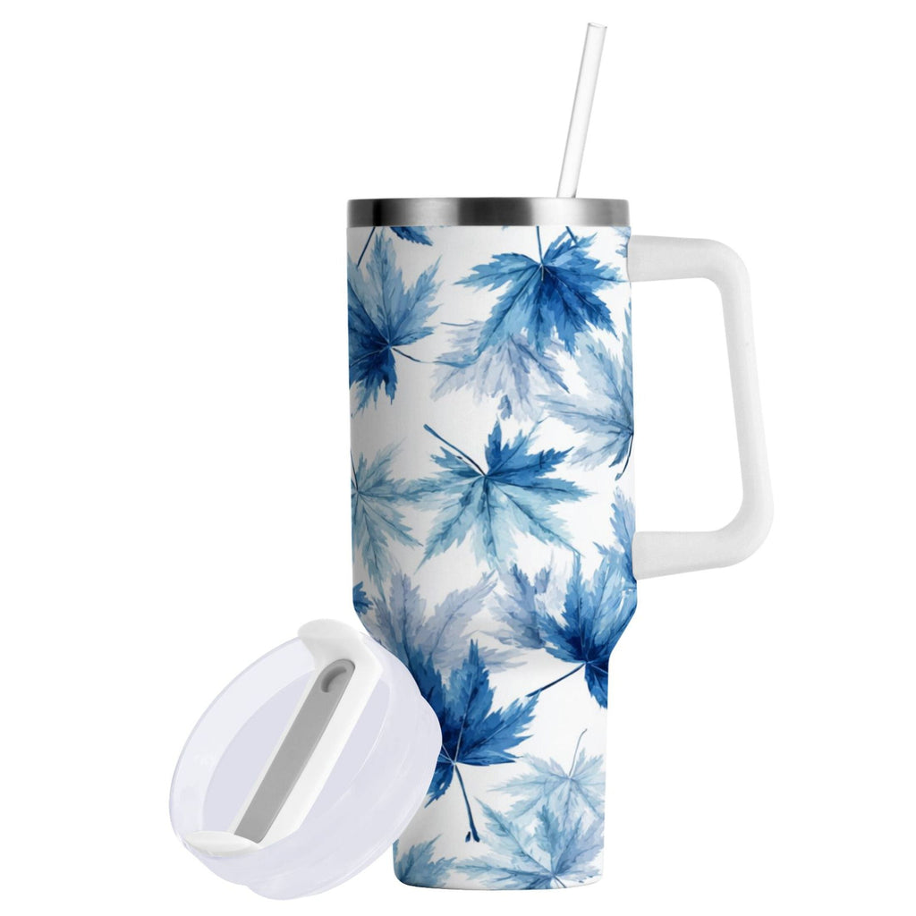 30 oz Insulated Stainless Steel Tumbler Double Wall Stainless Steel Tumbler with 2-Way Drinking Abstract Blue Maple Leaves C581Z