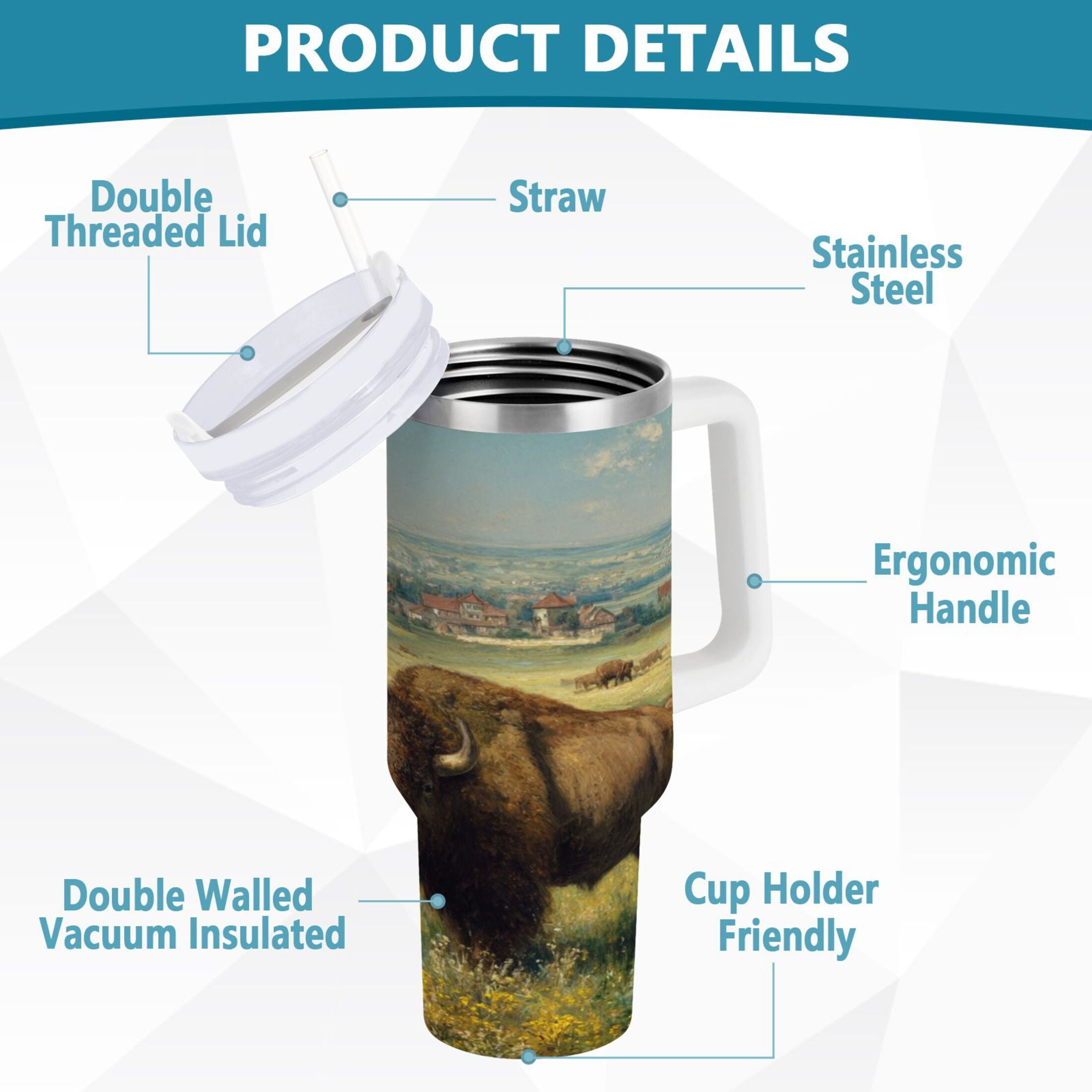 30 oz Insulated Stainless Steel Tumbler Double Wall Stainless Steel Tumbler with 2-Way Drinking Buffalo Herd Oil Painting C660C