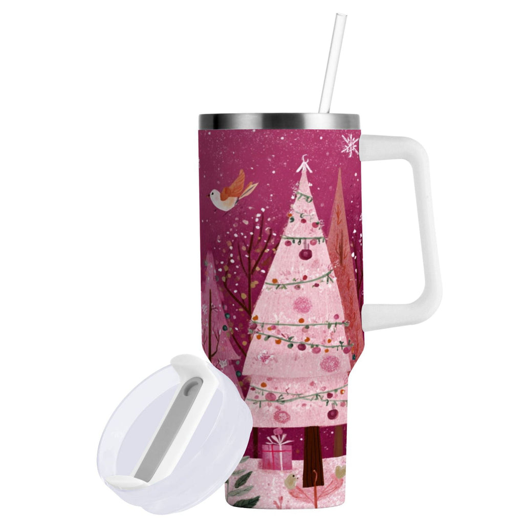 40 oz Insulated Stainless Steel Tumbler Double Wall Stainless Steel Tumbler with 2-Way Drinking Pink Christmas Forest C512S