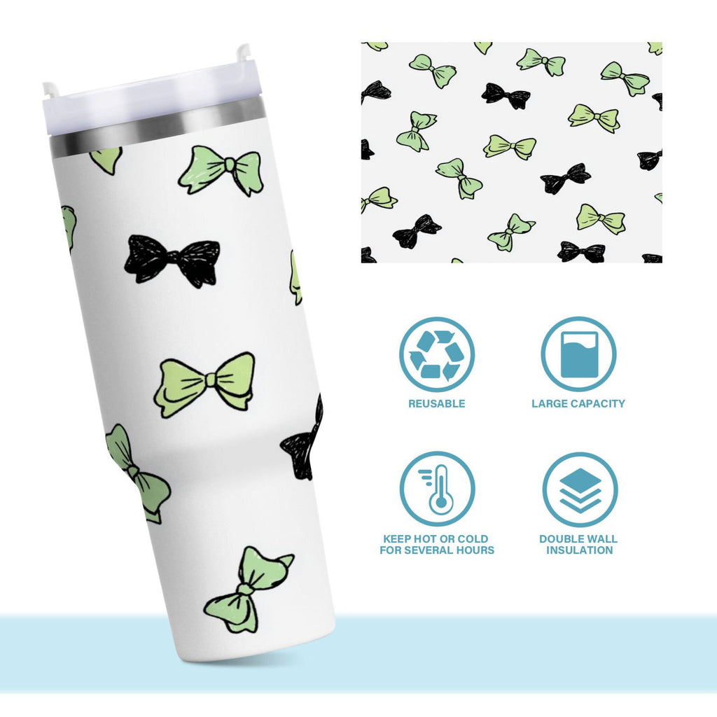 40 oz Insulated Stainless Steel Tumbler Double Wall Stainless Steel Tumbler with 2-Way Drinking Green and Black Bows C553B