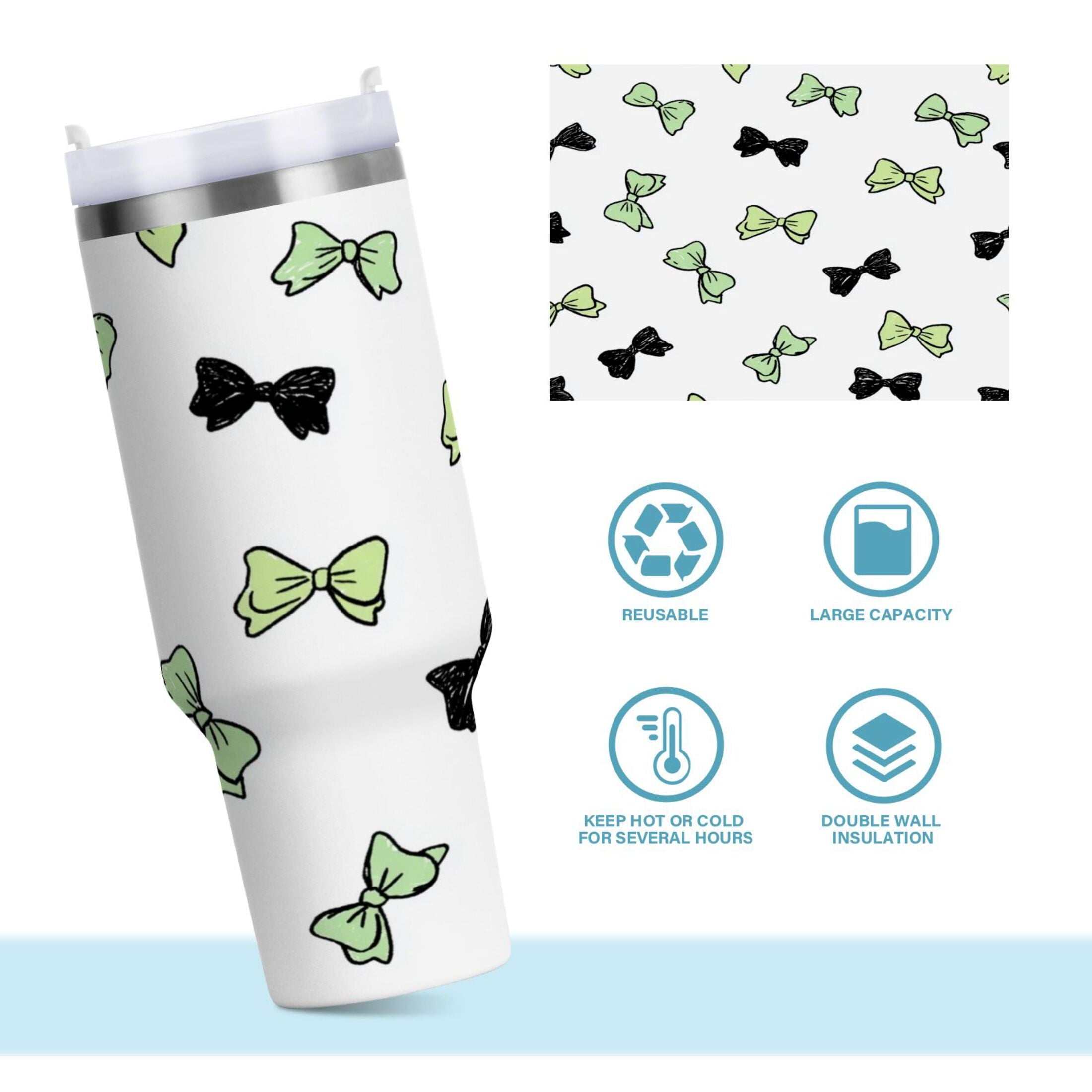40 oz Insulated Stainless Steel Tumbler Double Wall Stainless Steel Tumbler with 2-Way Drinking Green and Black Bows C553B