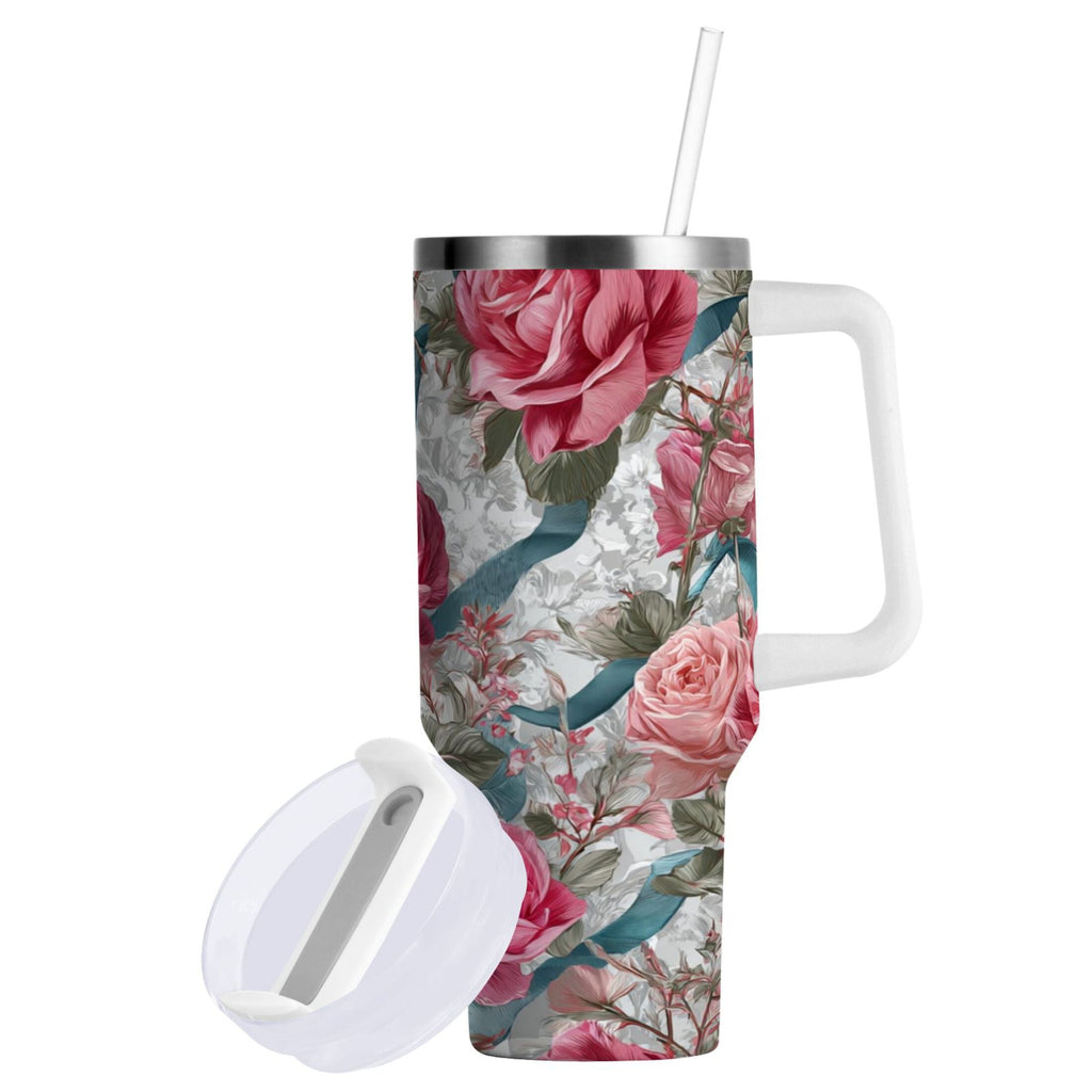 30 oz Insulated Stainless Steel Tumbler Double Wall Stainless Steel Tumbler with 2-Way Drinking Roses and Ribbons C675U