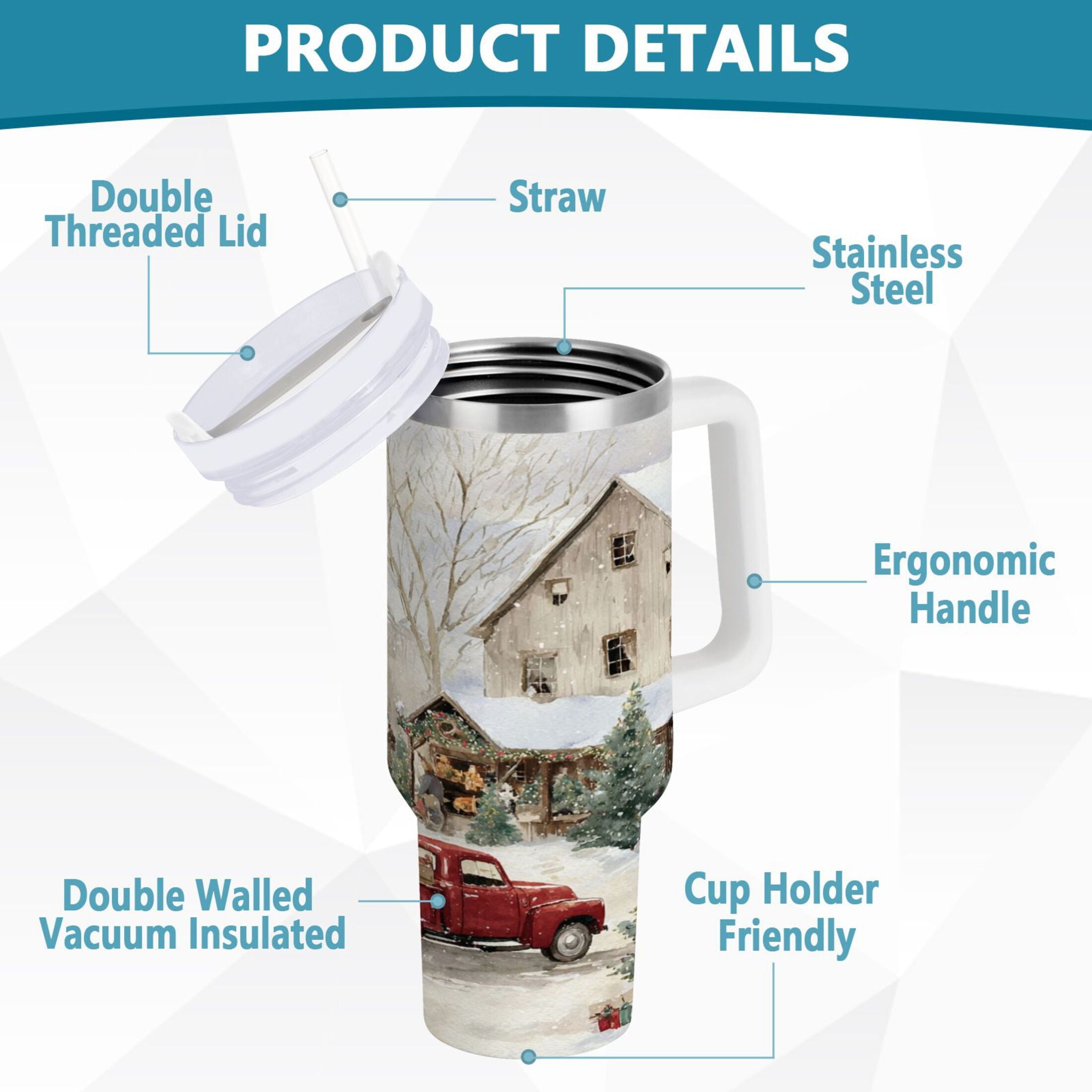40 oz Insulated Stainless Steel Tumbler Double Wall Stainless Steel Tumbler with 2-Way Drinking Farm Snow Scene C645B