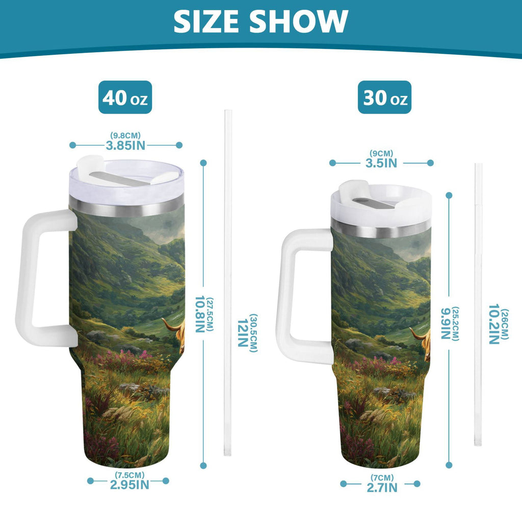 30 oz Insulated Stainless Steel Tumbler Double Wall Stainless Steel Tumbler with 2-Way Drinking Cow in Green Rolling Hills C586R
